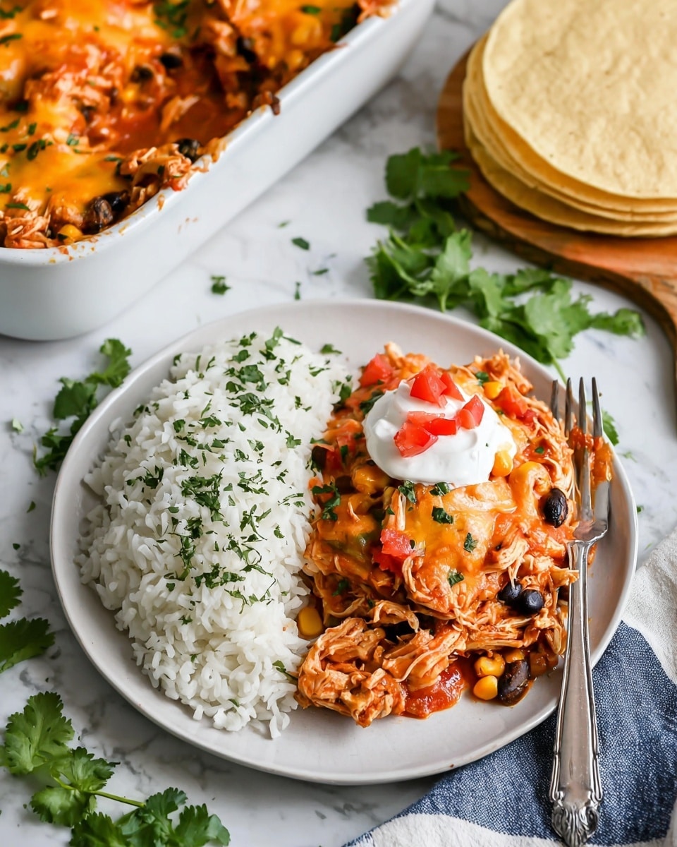 A white round plate holds two main layers: on the left side, a thick scoop of white rice sprinkled lightly with chopped green herbs, and on the right side, a layer of an orange-red mixed dish full of shredded pieces, black beans, and yellow corn, topped with melted orange cheese, a dollop of white sour cream, diced red tomatoes, and green herbs. A silver fork rests on the right edge of the plate. In the top left corner, a white baking pan is filled with more of the mixed orange-red dish, showing a rich texture of beans, corn, sauce, and melted cheese. To the top right, a stack of light yellow tortillas sits on a wooden board. Some green cilantro sprigs lay between the plate and the baking pan, all placed on a white marbled surface. Photo taken with an iphone --ar 4:5 --v 7