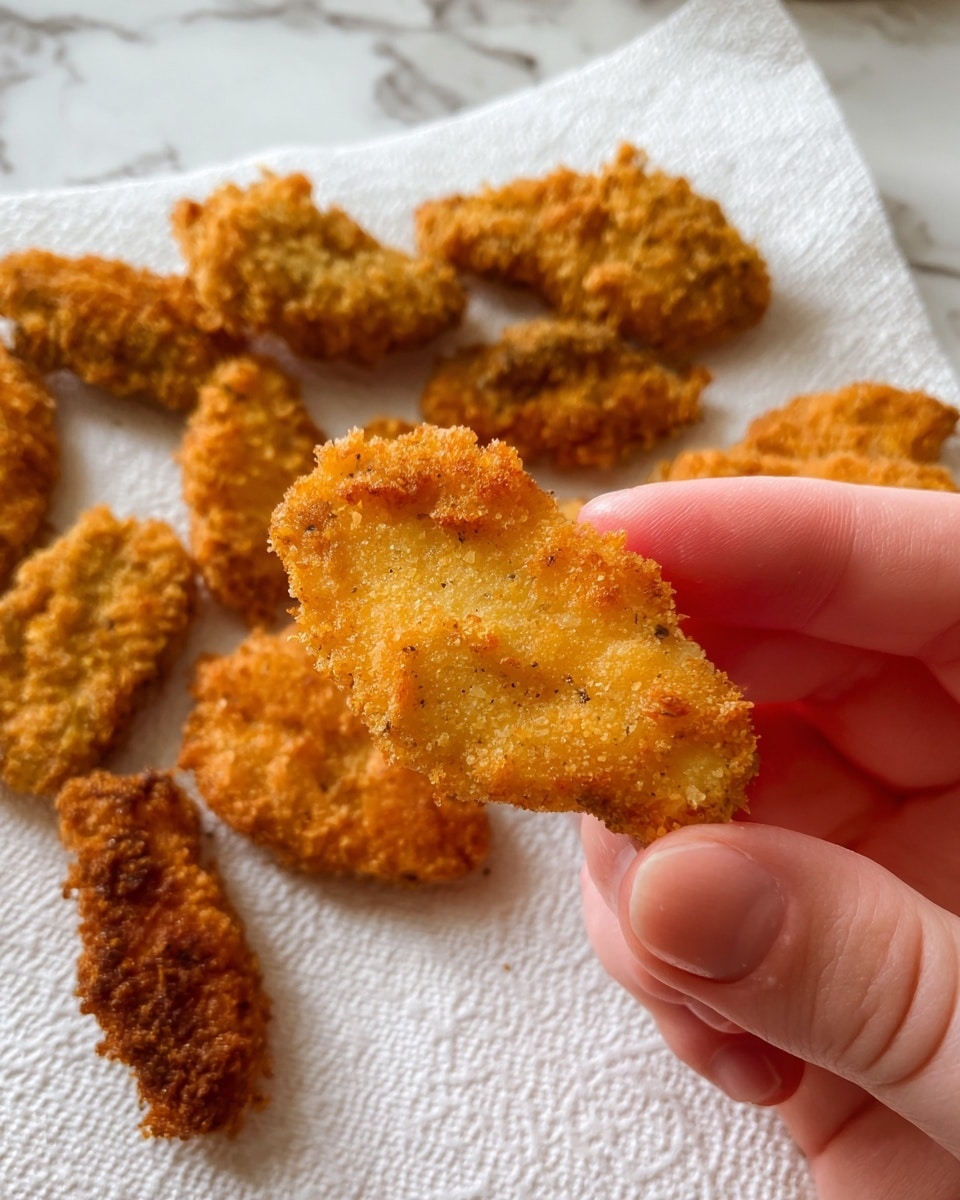 A woman's hand is holding a golden brown fried strip with a rough crispy texture, showing some shine from oil. Below it, on white paper towel, there are about a dozen more fried pieces with varying shapes and textures, all golden to light brown in color. The background is a white marbled surface. photo taken with an iphone --ar 4:5 --v 7