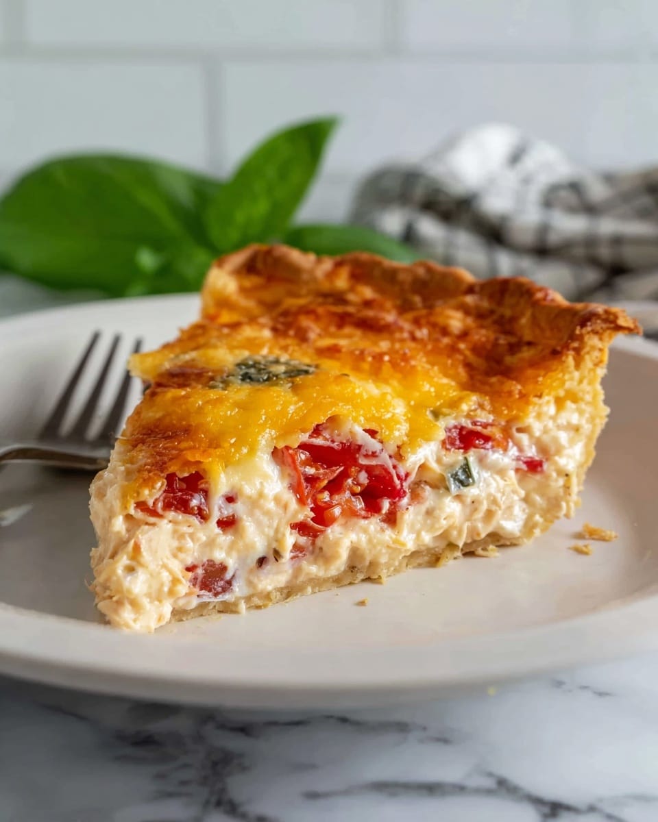 A slice of savory pie is shown on a white plate with a white marbled surface underneath. The bottom layer is a light golden, flaky crust. Above that is a layer of creamy filling mixed with small pieces of red tomatoes and green herbs. The top layer is melted golden-brown cheese that looks slightly bubbly and textured, covering the filling fully. In the background, a silver fork and a large green leaf, likely basil, rest on a white cloth with black stripes, adding a fresh and simple touch. Photo taken with an iphone --ar 4:5 --v 7