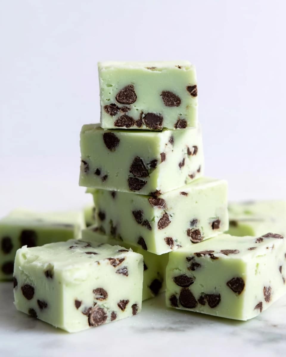 A stack of five pale green fudge squares with small dark chocolate chips spread evenly throughout each piece. The fudge has a smooth texture and is arranged in a slightly uneven tower on a white marbled surface with a clean white background. The green color is soft and minty, contrasting with the scattered dark chocolate bits embedded in every layer of the fudge. photo taken with an iphone --ar 4:5 --v 7