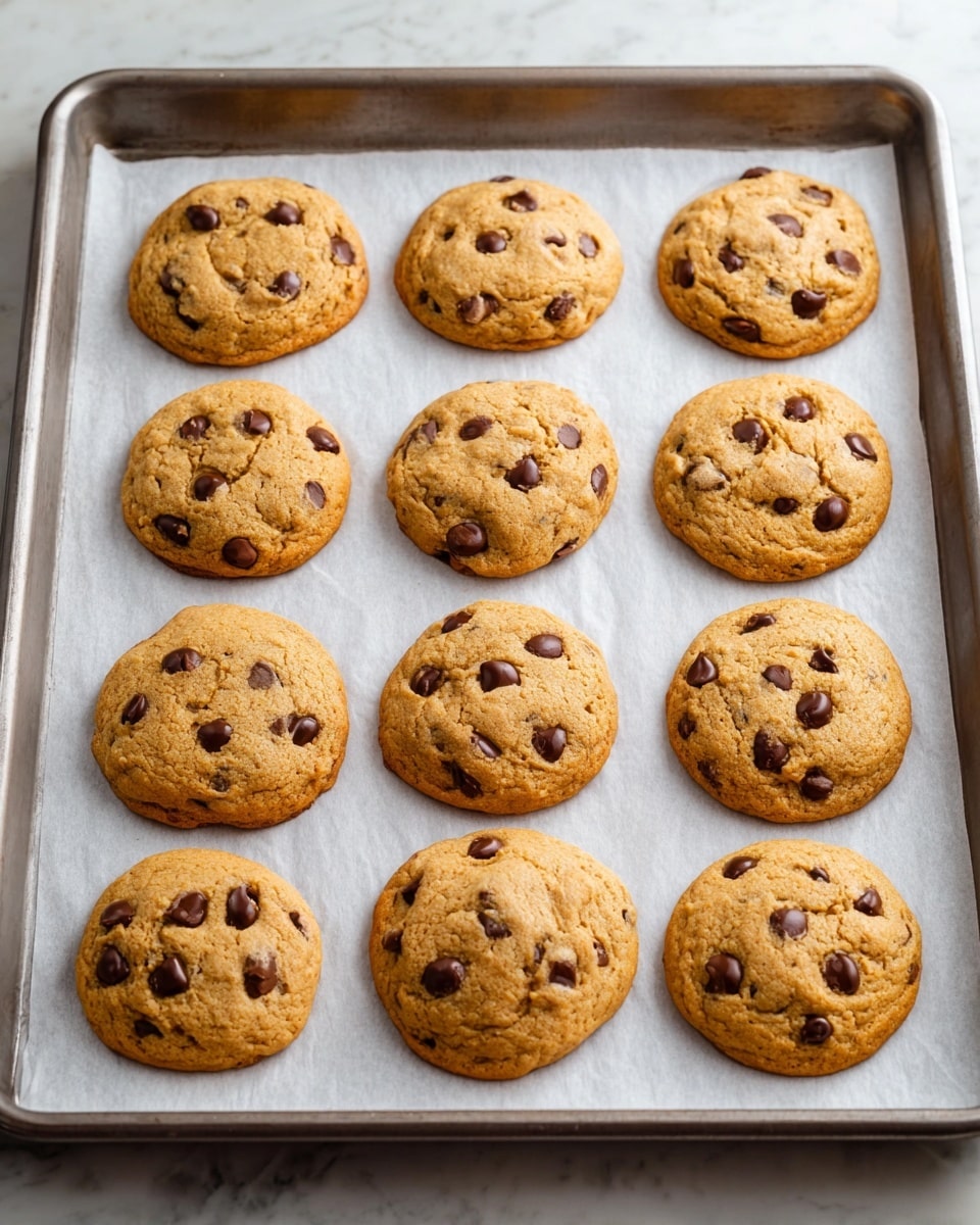 Twelve round chocolate chip cookies are arranged in three rows of four on a baking sheet lined with white parchment paper. Each cookie is golden brown with visible dark chocolate chips scattered evenly on top, and they have a slightly puffy, soft texture. The surface beneath the baking sheet has a white marbled texture. Photo taken with an iphone --ar 4:5 --v 7