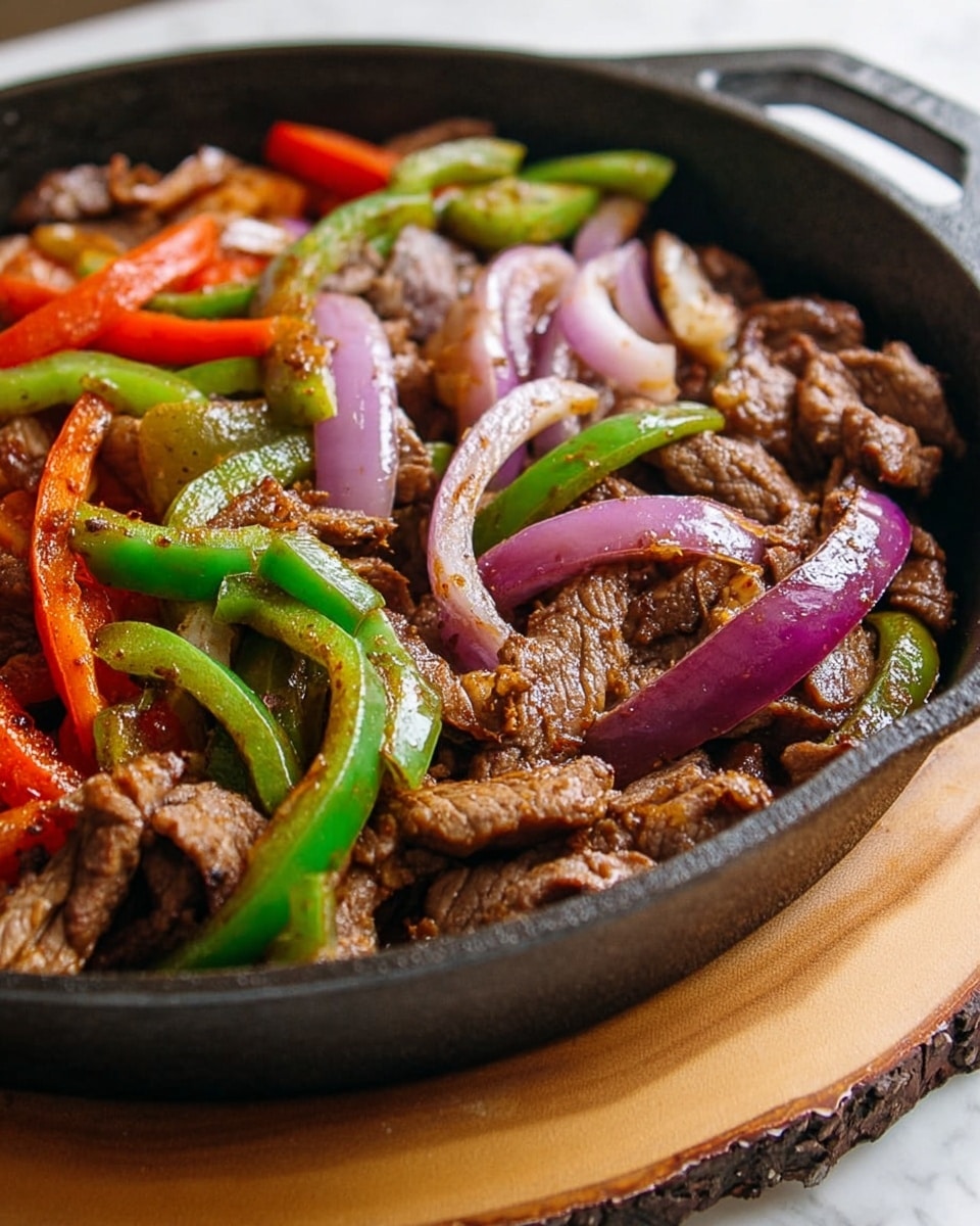 A black cast iron pan filled with cooked strips of brown meat that have a slightly crispy texture on the edges. Mixed between the meat are thick slices of red and green bell peppers and curved slices of purple onions, all glossy and sautéed. The pan is set on a round wooden board, and the background shows a white marbled surface with a faint striped cloth. The image has a warm and inviting tone. photo taken with an iphone --ar 4:5 --v 7