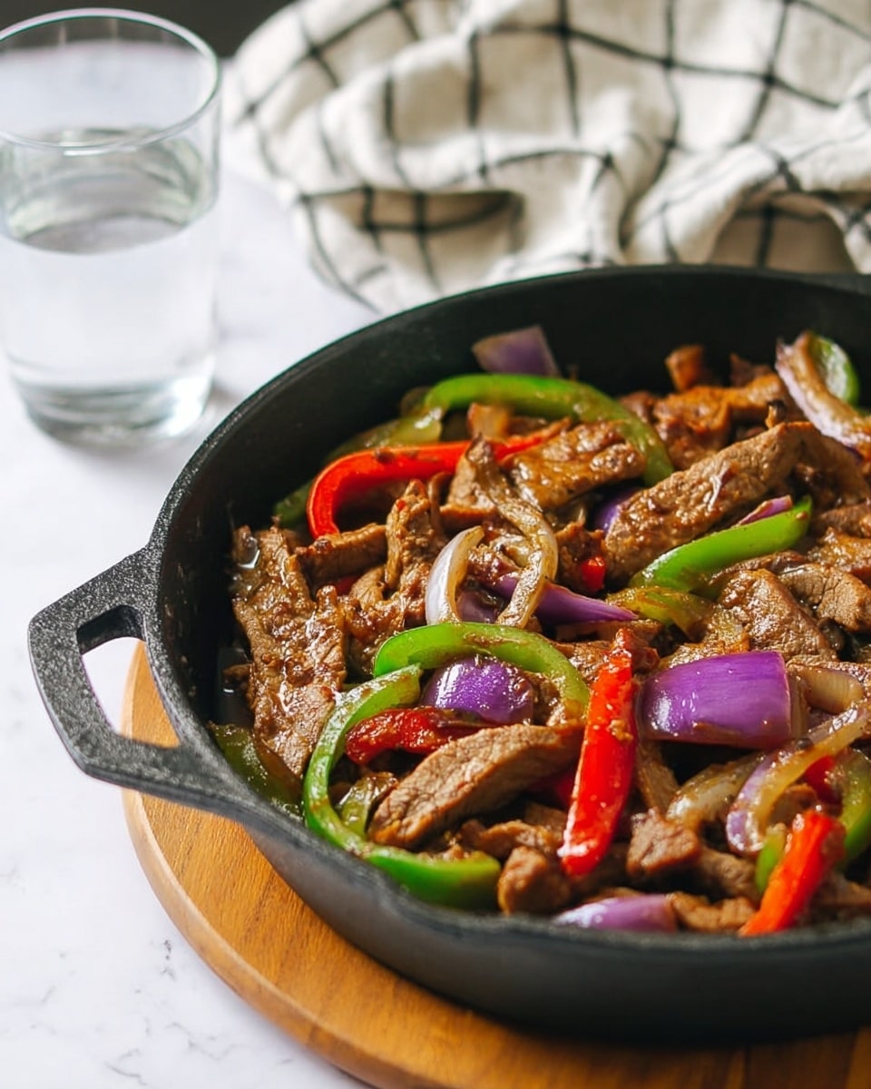 The image shows a black cast iron pan filled with cooked strips of brown meat mixed with sautéed red and green bell pepper slices and translucent, slightly browned red onion pieces, all evenly spread and glistening with light oil or sauce. The pan rests on a wooden round trivet, placed on a white marbled surface. In the background, there is a glass of water and a white cloth with a black check pattern. The photo taken with an iphone --ar 4:5 --v 7