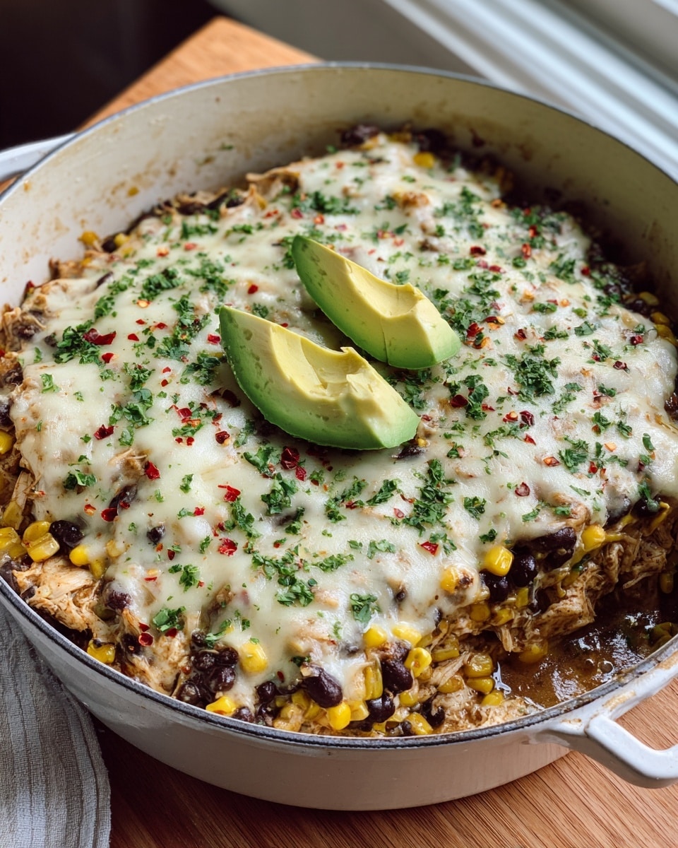 A light gray skillet filled with a warm, layered dish. The base layer is a mix of shredded light-colored chicken, dark black beans, and bright yellow corn. On top is a layer of melted white cheese spread evenly across the surface, with chopped fresh green cilantro sprinkled over it. Two slices of fresh light green avocado lay near the center, also garnished with small red chili flakes. The skillet sits on a wooden table with a white cloth napkin and a small white bowl of extra cilantro behind it, all placed on a white marbled surface by a window. Photo taken with an iphone --ar 4:5 --v 7