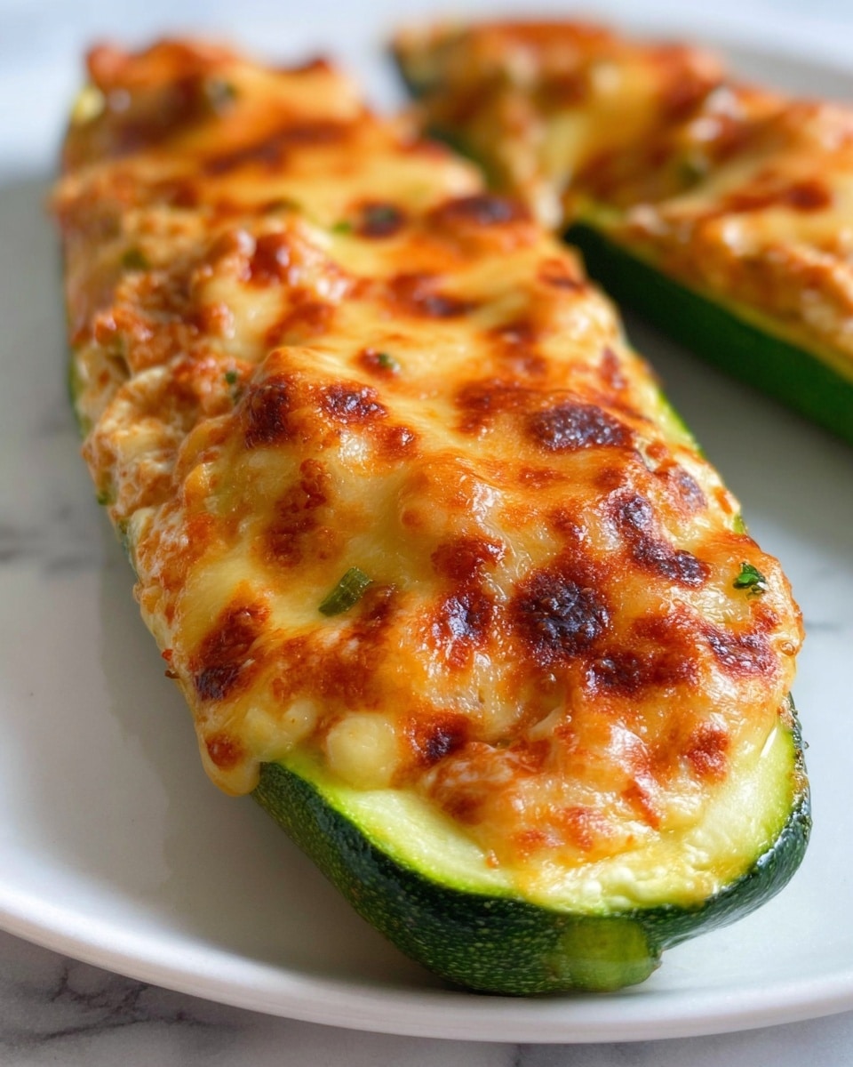 A white plate holds a zucchini half as the base layer, green on the outside with light green inside. It is topped with a thick layer of cooked filling that is orange and light brown with a slightly chunky texture. The top layer is a melted cheese covering, golden brown with some crispy darker spots, giving a bubbly and slightly shiny look. The zucchini and toppings fill a large part of the plate, sitting on a white marbled surface. photo taken with an iphone --ar 4:5 --v 7
