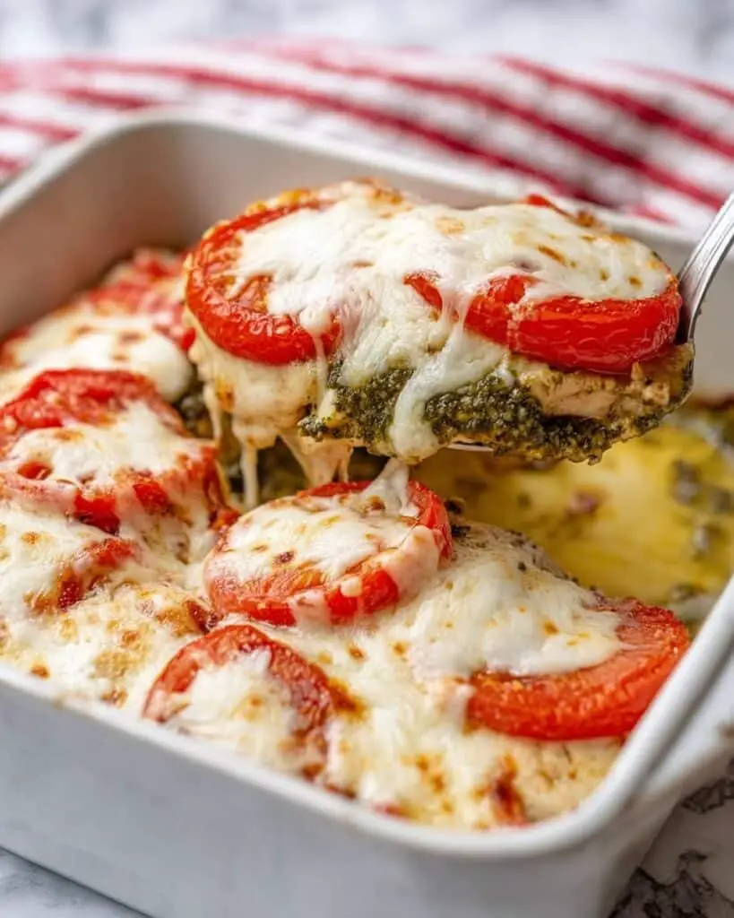 Pesto Chicken Bake with Tomatoes and Mozzarella Recipe