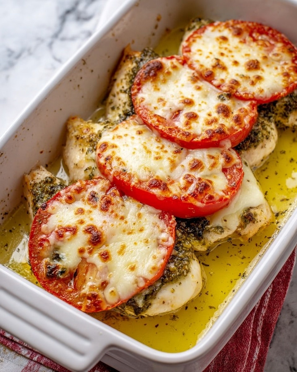 The dish shows a white baking dish filled with layered pieces of cooked white chicken topped with green herb sauce, thick slices of red tomato, and melted golden cheese with slightly browned spots on top. The layers are clearly visible with a glossy, oily liquid at the bottom. The tomato slices sit directly on the herb-coated chicken pieces, and the cheese covers the tomatoes completely, bubbling and forming a smooth but uneven texture. The dish sits on a white marbled surface with a red and white cloth nearby. Photo taken with an iphone --ar 4:5 --v 7