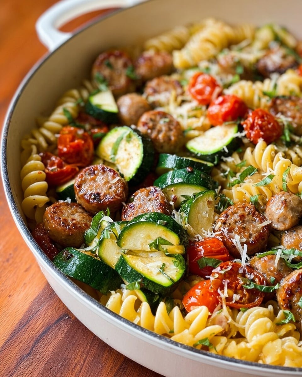 The image shows a large white pot filled with several layers of food. The bottom layer is made up of wavy, light brown pasta pieces. Scattered evenly on top are thick slices of browned sausage, green and pale yellow zucchini slices, and bright red cherry tomato halves. The dish is sprinkled with tiny bits of finely chopped green herbs and a light dusting of grated cheese. The pot is placed on a wooden surface with a whole zucchini nearby, and a black scoop of grated cheese is placed next to the pot. The background is a white marbled texture. photo taken with an iphone --ar 4:5 --v 7