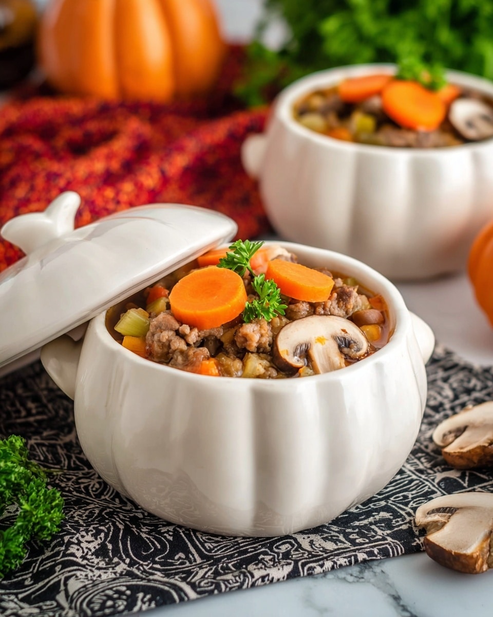 A white pumpkin-shaped pot filled with a stew that has three visible layers: at the top, whole and halved brown mushrooms with a shiny texture; below them, thick slices of bright orange carrots and small yellow potato pieces; at the bottom, minced brown meat mixed with diced celery and onions all in a rich brown broth. The pot’s lid is tilted to the left, and behind it are two white ridged bowls also filled with the same stew, each garnished with small green parsley sprigs. The scene is set on a dark surface with a white marbled texture, with orange and red cloths and green parsley sprigs blurred in the background. Photo taken with an iphone --ar 4:5 --v 7