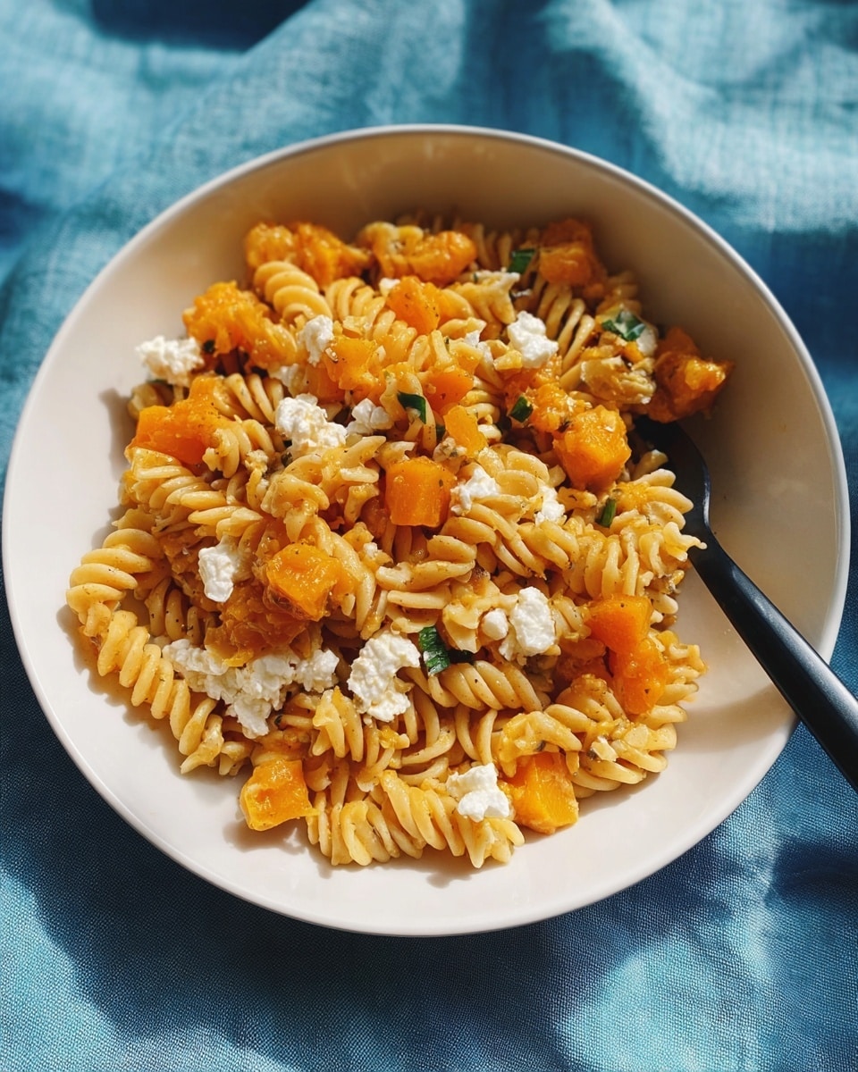 A white bowl filled with three layers of food: the bottom layer is rotini pasta colored light cream, mixed with small pieces of orange squash spread evenly. On top, small white soft cheese chunks are scattered, contrasting with the pasta. Tiny green herb pieces are sprinkled throughout, adding specks of green. A silver fork is placed inside the bowl, with a woman's hand holding it, ready to scoop some of the food. The bowl sits on a textured turquoise cloth, creating a bright background. photo taken with an iphone --ar 4:5 --v 7