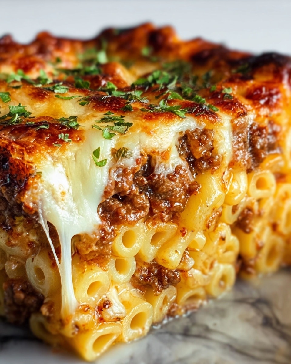 The image shows a close-up of a layered pasta dish with three visible layers. The bottom layer consists of cooked pasta tubes mixed with a thick, textured brown meat sauce. The middle layer is creamy white melted cheese, thickly spread and slightly oozing between pasta pieces. The top layer is golden brown melted cheese, bubbly and slightly crispy around the edges with small green herb leaves sprinkled on top. The dish is set on a white plate with a white marbled surface background. Photo taken with an iphone --ar 4:5 --v 7