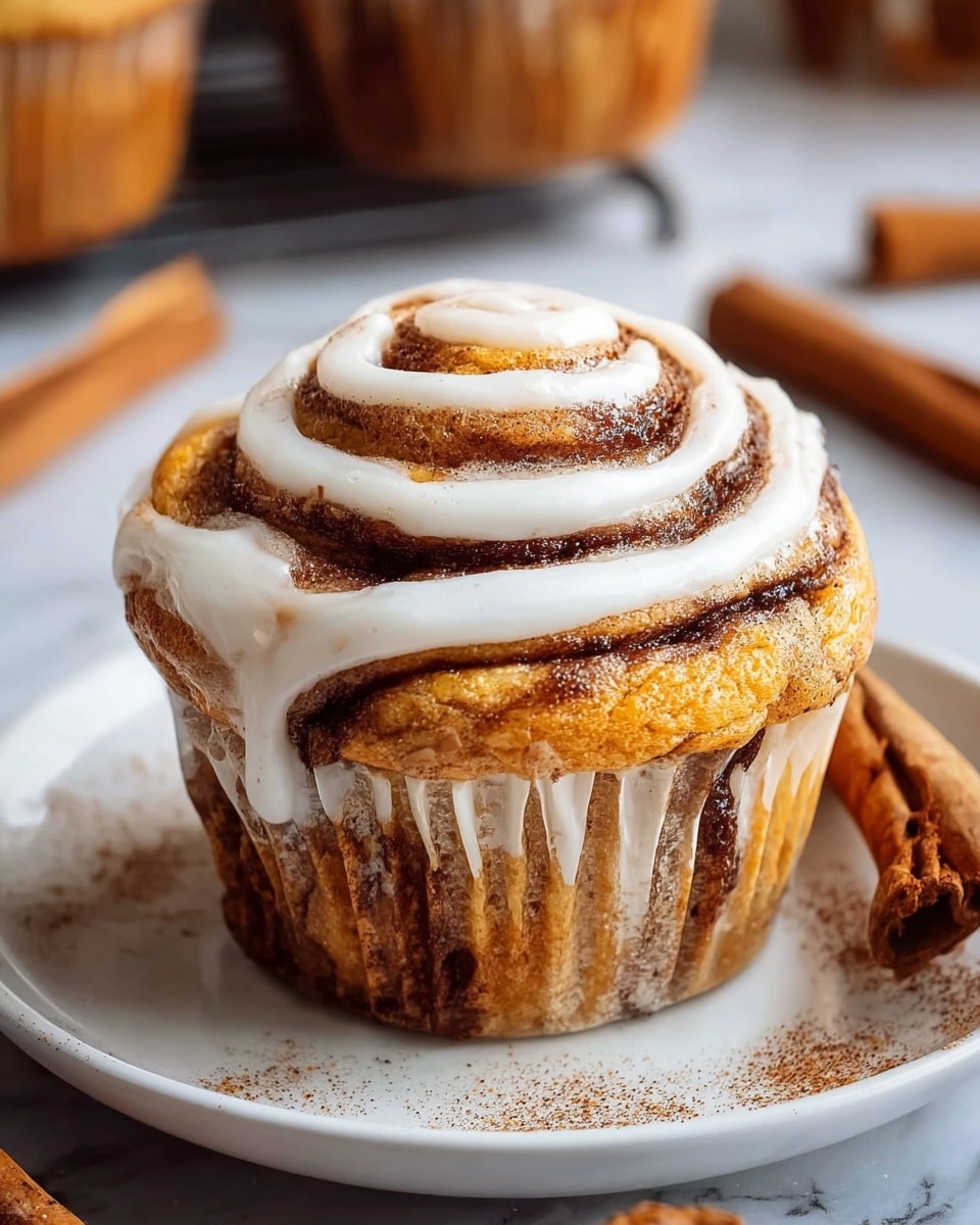 A close-up of a cinnamon roll muffin on a white plate with three other similar muffins blurred in the background. The muffin has a base layer of moist, golden-brown cake with darker brown swirls of cinnamon running through it. On top, there's a thick layer of white cream icing, drizzled in a spiral pattern that follows the muffin's shape. The icing is sprinkled lightly with granulated sugar and cinnamon powder, adding texture and a touch of sparkle. The scene is set on a white marbled surface with a warm, soft background that includes orange pumpkins and cinnamon sticks, enhancing the autumn feel. photo taken with an iphone --ar 4:5 --v 7