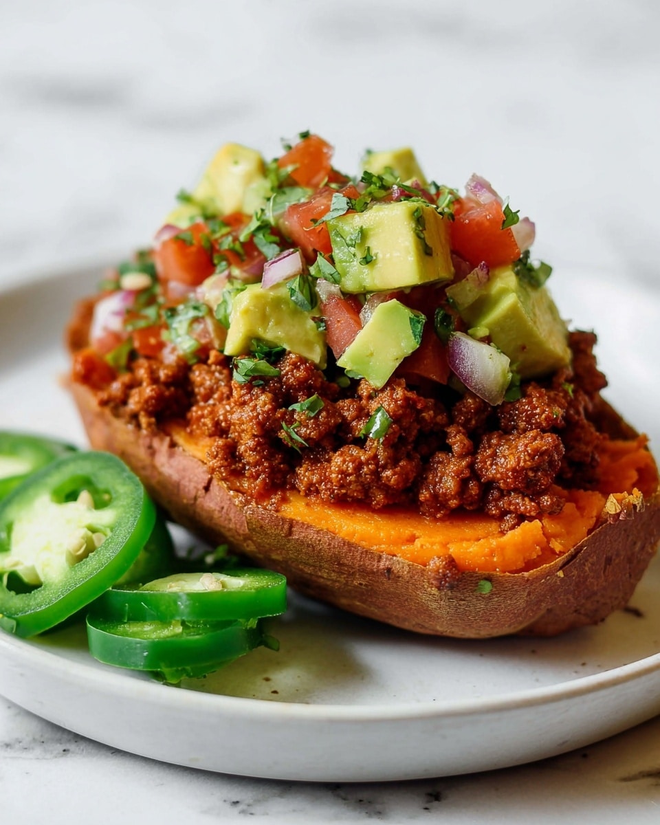 A white plate holds a halved baked sweet potato as the base layer, its skin rough and brown with bright orange soft flesh inside. On top is a thick layer of ground meat cooked in a rich, reddish sauce, chunky and moist in texture. The final top layer is a fresh mix of diced avocado, white onion, tomato, and chopped green herbs, adding green, white, red, and specks of darker green color. Three thin slices of bright green jalapeño rest on the plate in front of the sweet potato. The whole scene is set on a white marbled surface with a clean, soft background. Photo taken with an iphone --ar 4:5 --v 7