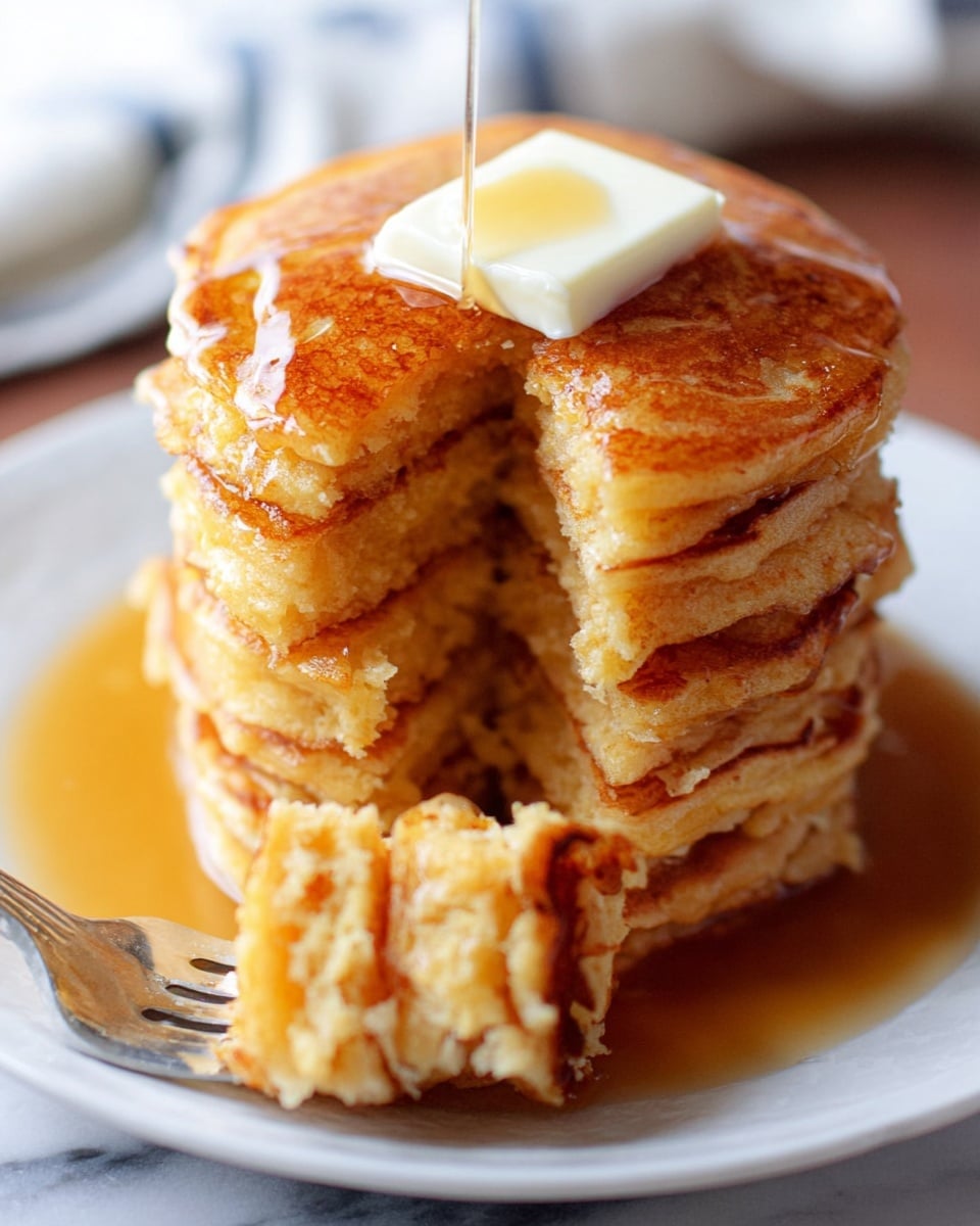 A tall stack of golden brown pancakes with visible soft texture is placed on a white plate, surrounded by a pool of amber syrup. The top pancake is topped with a small square of melting butter. In the foreground, a fork held by a woman's hand is lifting a bite showing the fluffy layers inside, with some butter melting on it. The background and surface have a white marbled texture, making the warm tones of the pancakes and syrup stand out clearly. photo taken with an iphone --ar 4:5 --v 7