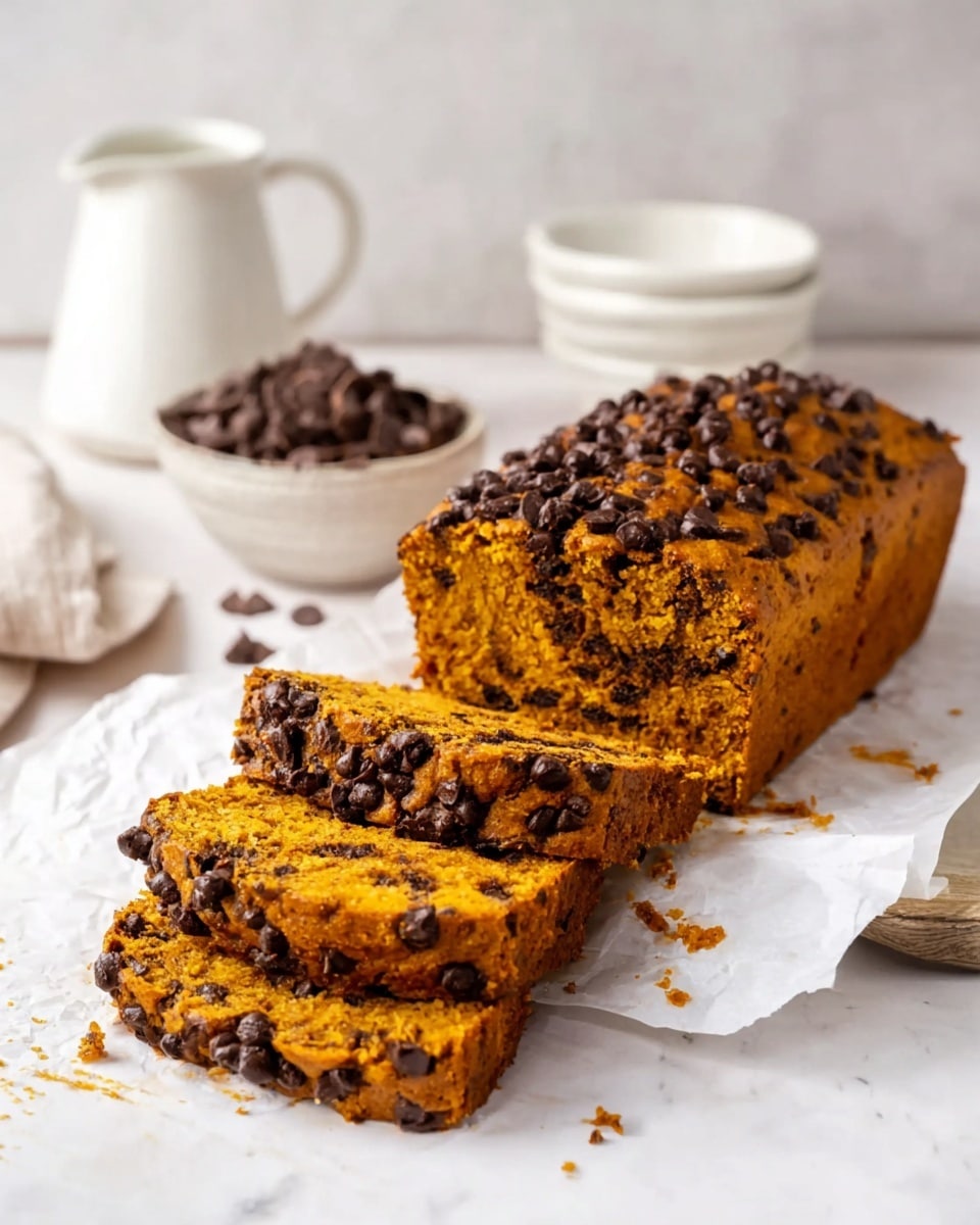 The image shows a single loaf of chocolate chip bread with a golden-brown color, topped with many dark chocolate chips that cover the surface unevenly. The loaf is placed on white parchment paper, resting on a wire rack over sheets of music paper. There is a dark brown wooden-handled knife with a serrated blade next to the bread on the left. The background is a white marbled texture with scattered chocolate chips around the bread, and a white pitcher and stacked white cups are blurred in the back. The lighting is soft and natural, highlighting the rough, textured surface of the bread. photo taken with an iphone --ar 4:5 --v 7