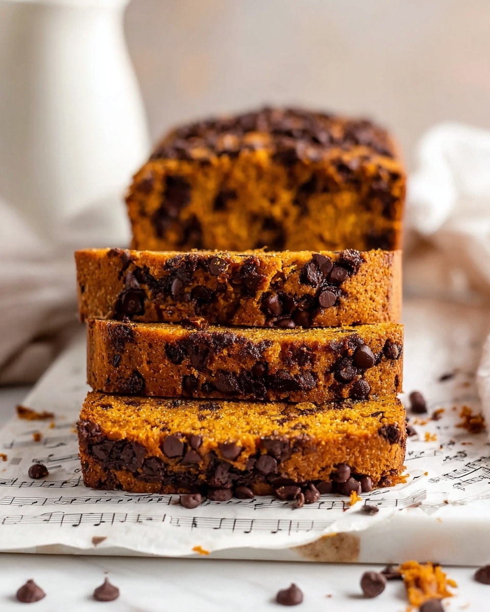 A loaf of pumpkin chocolate chip bread is shown with three thick slices lying in front of the larger unsliced part. The bread has a moist orange-brown texture with dark chocolate chips spread heavily throughout all layers, making it look rich and dense. The chocolate chips are shiny and clustered mostly on the edges of the slices. The bread sits on top of a white surface covered by old music sheet pages, scattered with a few loose chocolate chips. The background features a soft white marbled texture and a blurred white ceramic pitcher in the distance, giving the image a warm and cozy feel. Photo taken with an iphone --ar 4:5 --v 7