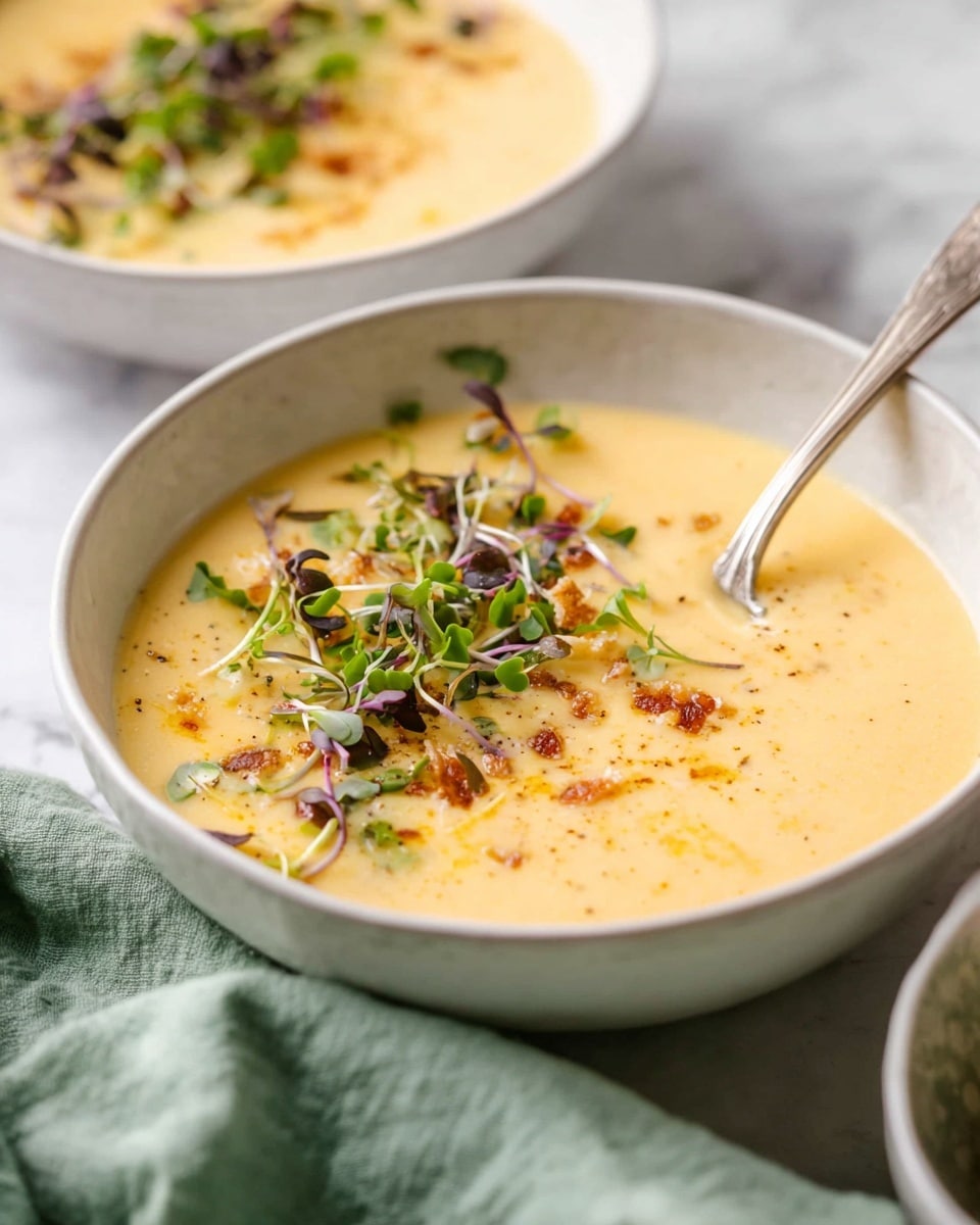 Three white bowls with smooth pale yellow soup fill each bowl close to the edge. The soup is topped with scattered brown crumbs and small green and purple microgreens arranged mainly on one side in each bowl. Each bowl has an ornate silver spoon dipped into the soup on the right side. The bowls rest on a white marbled surface with some microgreens scattered around and a soft green cloth partially visible near the bottom left. Photo taken with an iphone --ar 4:5 --v 7