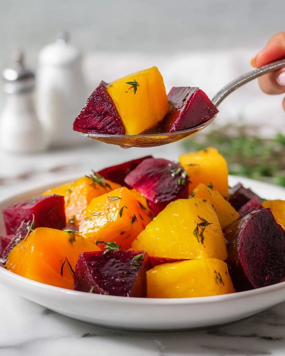 The image shows a white bowl filled with large, shiny chunks of roasted beets in two colors: deep purple and bright golden yellow. Each piece is smooth with a slightly glossy texture, and small green herb sprigs are scattered on top, adding a fresh detail. A spoon holds a mix of the purple and yellow beet pieces close to the camera, showing the vivid colors clearly. The background is a white marbled surface with blurred objects, keeping the focus on the vibrant beets. Photo taken with an iphone --ar 4:5 --v 7