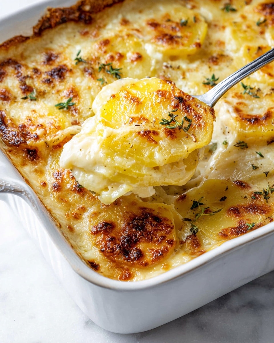 A white baking dish filled with creamy scalloped potatoes, showing three main layers of thinly sliced yellow potatoes covered in a smooth, white cheese sauce. The top layer is golden brown with bubbly melted cheese and small browned crispy spots, sprinkled with small green herb leaves. A silver spoon lifts a portion from the dish, displaying the soft, creamy texture of the potatoes and cheese sauce below the browned top. The scene is set on a white marbled surface. Photo taken with an iphone --ar 4:5 --v 7