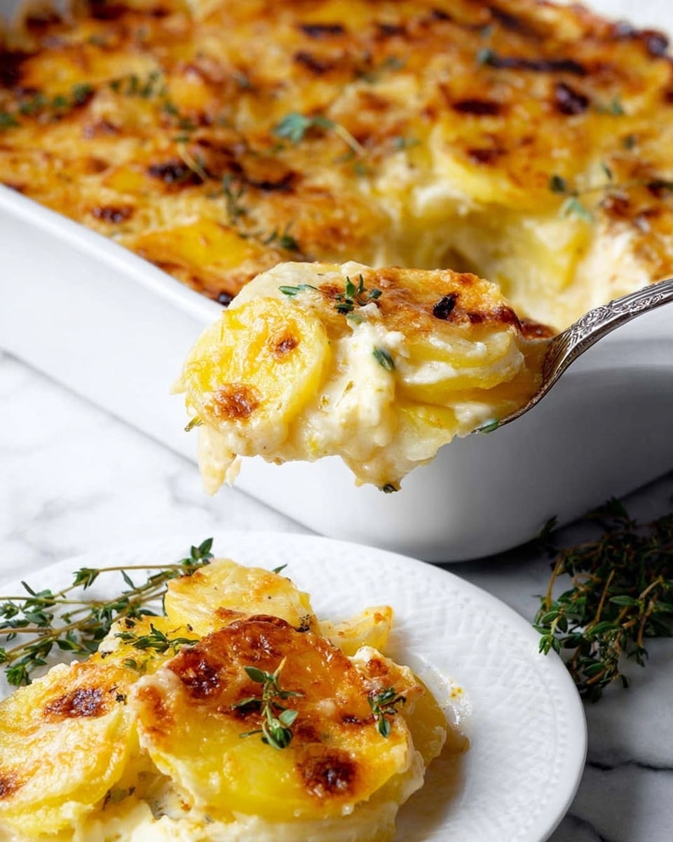 The image shows a white baking dish filled with golden brown scalloped potatoes. The top layer is bubbly and slightly crispy with browned cheese spots and small green herb sprigs scattered on the surface. A spoon is lifting a portion from the dish, revealing several soft yellow potato slices layered thickly with creamy white sauce in between. In front, a white plate holds a smaller serving of the same dish with a crispy brown edge visible. The whole scene sits on a white marbled surface with some fresh green herbs nearby. Photo taken with an iphone --ar 4:5 --v 7