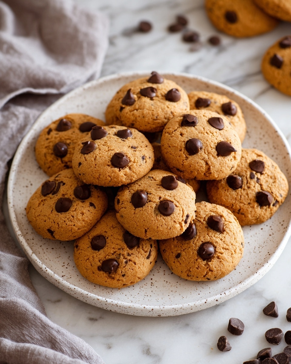The image shows a group of round, golden-brown cookies with chocolate chips scattered on top. The cookies have a soft, slightly bumpy texture with some chocolate chips partially melted in the dough. One cookie near the top right is broken in half, showing a soft, moist inside filled with chocolate chips. The cookies are spread out on a white marbled surface that has small grey speckles. photo taken with an iphone --ar 4:5 --v 7