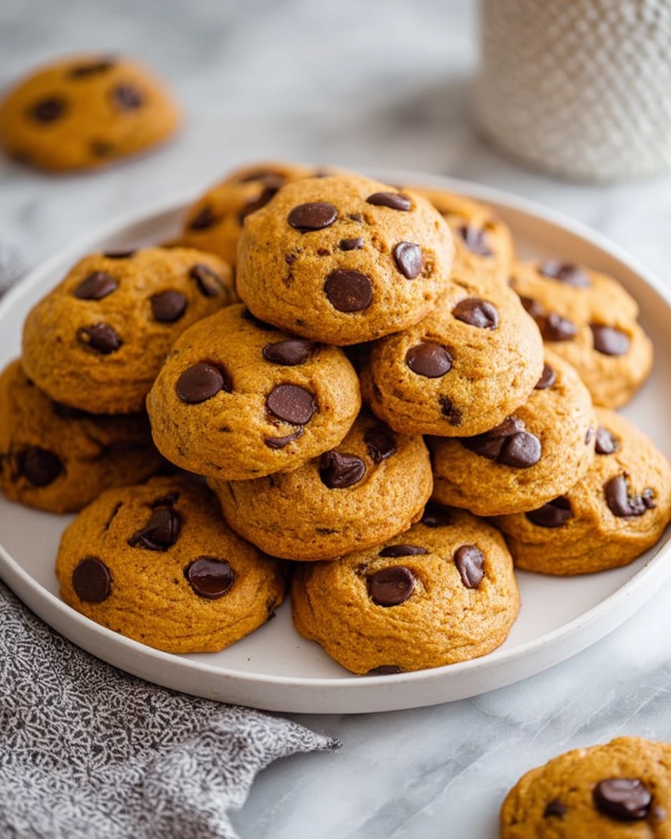 A pile of soft, light brown cookies with chocolate chips scattered on top fills a white speckled plate. Each cookie looks thick and slightly rounded with smooth texture, showing the dark chocolate chips embedded unevenly in the dough. The plate sits on a white marbled surface with a gray and white striped cloth partly under it. Additional cookies and a few chocolate chips are placed nearby, completing a cozy and inviting scene. Photo taken with an iphone --ar 4:5 --v 7