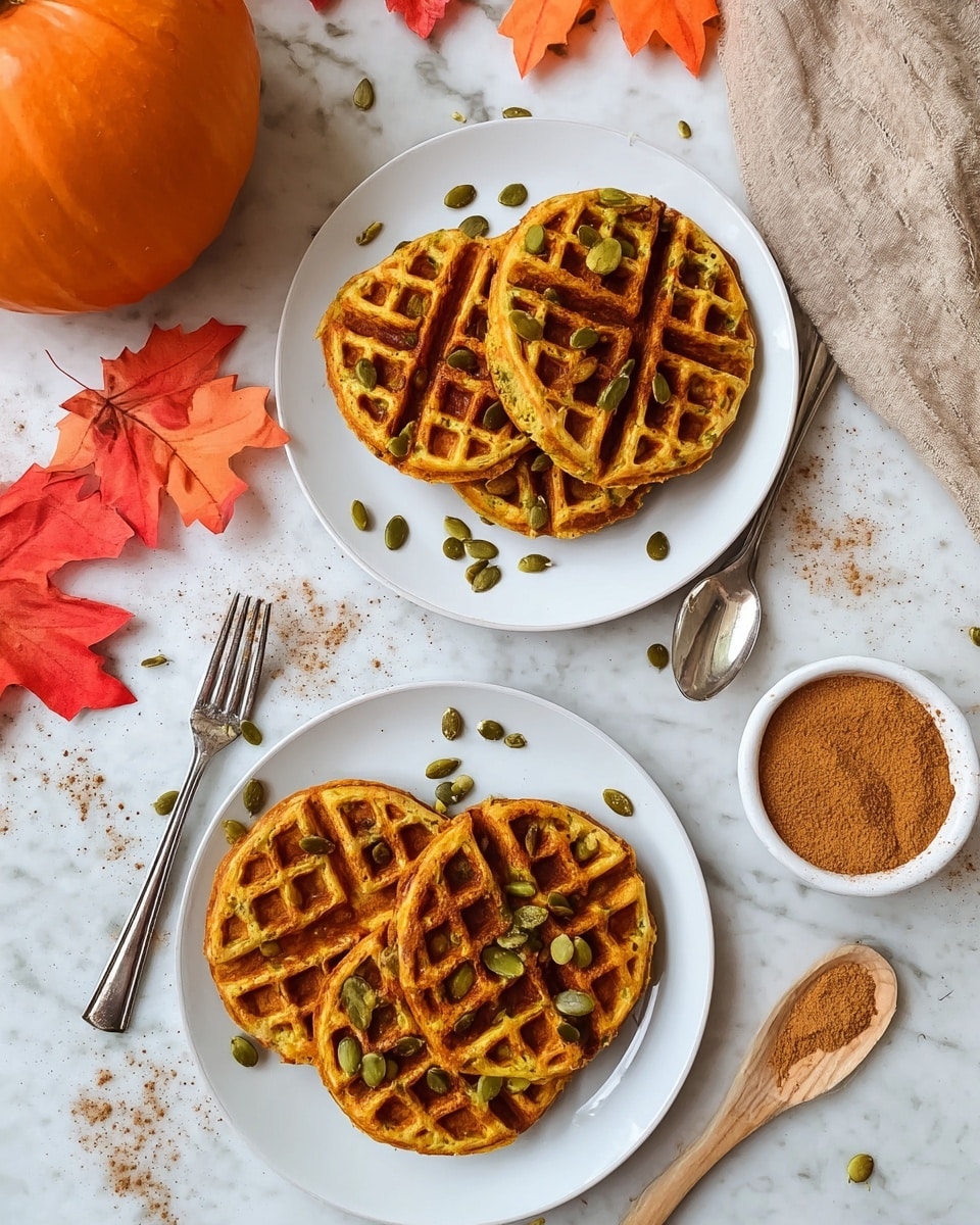 Two white plates each have four golden-brown waffles arranged in a slight overlap, showing their square patterns and a light dusting of cinnamon powder. Each waffle is topped with scattered green pumpkin seeds. One plate has two silver forks placed diagonally on the left side. Around the plates, there are some loose pumpkin seeds and cinnamon powder on a white marbled table. To the left, an orange pumpkin and a garland of red and orange fall leaves add color, while a small white bowl filled with ground cinnamon and a wooden spoon sits on the right. Photo taken with an iphone --ar 4:5 --v 7