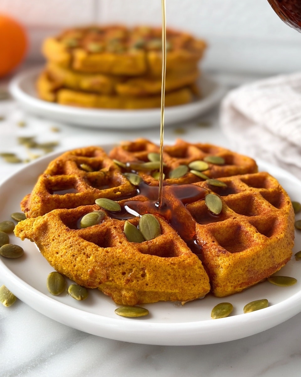 A round waffle with a golden brown color, showing a slightly crispy texture on the outside, sits on a white plate. The waffle has a deep grid pattern filled with pumpkin seeds scattered on top for texture and color contrast. A stream of amber syrup is being poured over the waffle, pooling gently in the grooves. In the background, there are more waffles stacked on a white plate, with an orange pumpkin and autumn leaves adding a warm seasonal feel. The whole scene is set on a white marbled surface, giving a clean and bright look to the image. Photo taken with an iphone --ar 4:5 --v 7
