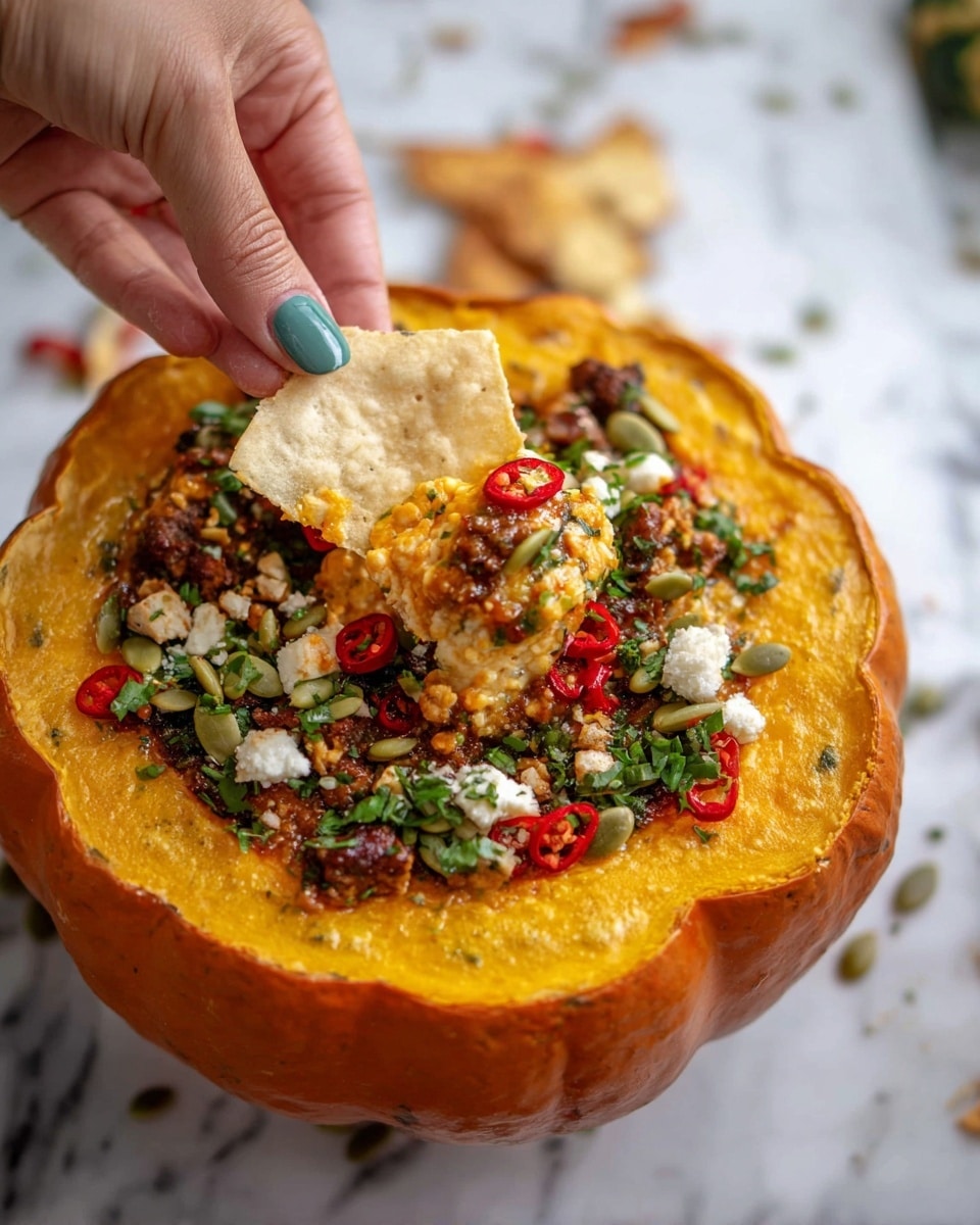 A white bowl made from a hollowed pumpkin holds three layers: the bottom layer is an orange creamy soup, topped with chopped green herbs and pumpkin seeds scattered unevenly. Above this are slices of red pepper rings and small crumbles of browned cooked meat. A woman's hand holds a chip dipped in the soup, showing a close-up view of the chip with soup, meat, and a piece of red pepper on it. The scene has a bright white marbled background. photo taken with an iphone --ar 4:5 --v 7