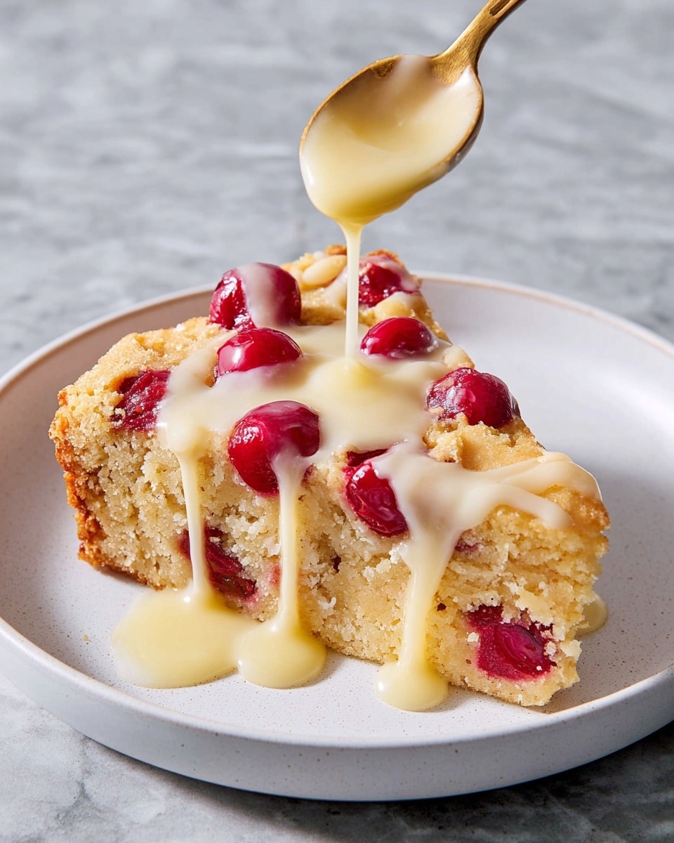 A single thick slice of light tan cake sits on a white plate, with a textured crumb surface. Bright red cherries are embedded in the top and sides, with some juice staining the cake a bit red. A shiny gold spoon is held above the slice by a woman's hand, slowly pouring a smooth, pale yellow glaze over the top, which drips down the sides. The background is a white marbled texture. photo taken with an iphone --ar 4:5 --v 7