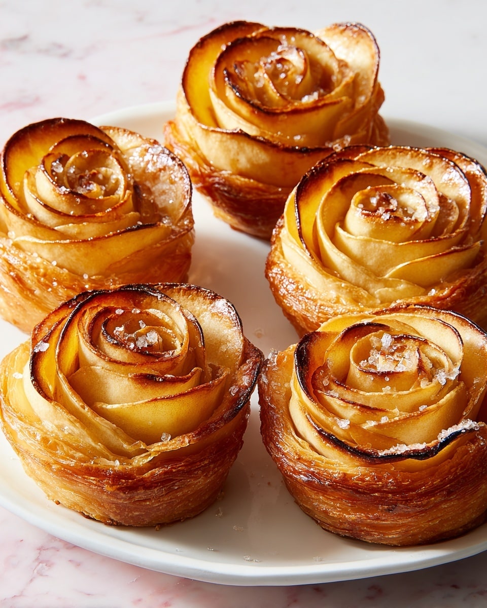 The image shows ten apple rose pastries arranged closely on a large white plate. Each pastry has thin apple slices shaped like rose petals, with a mix of golden yellow and light brown colors, some edges darker from baking. The apple slices form three to four visible layers spiraling tightly from the center outwards. The base layer is a flaky, light golden puff pastry with a slightly rough texture. The plate sits on a white marbled surface. photo taken with an iphone --ar 4:5 --v 7