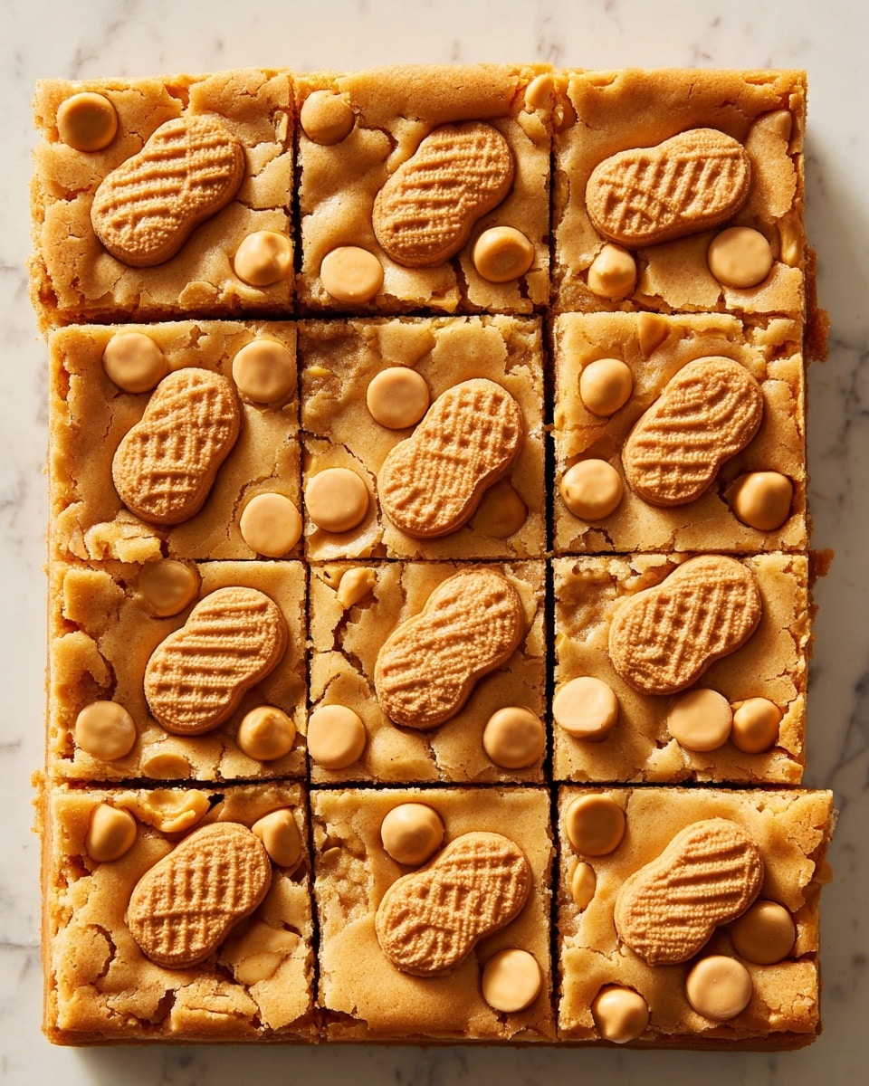 A square dessert is shown cut into nine equal pieces on a white marbled surface. The top layer is pale golden brown with a slightly cracked texture, decorated with whole peanut-shaped cookies that are light to medium brown and have a waffle-like pattern. Scattered around these cookies are small, round, light brown chips embedded in the surface. The dessert looks thick, soft, and chewy, with each piece holding distinct patterns of cookies and chips. photo taken with an iphone --ar 4:5 --v 7