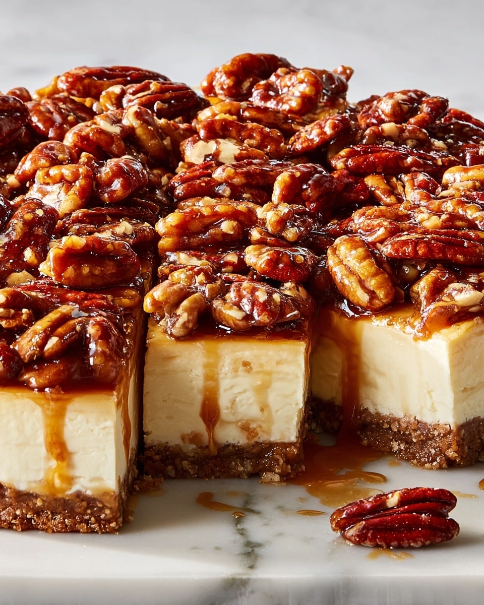 A close-up of four square cheesecake pieces arranged in a square on a white marbled surface, each piece showing three distinct layers: a thin brown crumbly crust on the bottom, a thick creamy pale yellow cheesecake layer in the middle with some specks, and a top layer covered with a glossy dark brown syrup and a generous amount of toasted pecans that are rich reddish-brown and textured, piled densely and unevenly on each piece, giving a rough and crunchy look, photo taken with an iphone --ar 4:5 --v 7