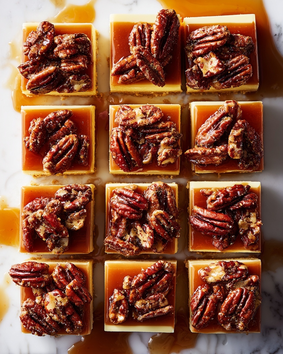 The image shows a dessert in a silver foil container with three clear layers. The bottom layer is light beige and smooth, covering the entire base. The middle layer is a crumbly crust, golden brown in color, running evenly along the edges. The top layer is a thick, glossy caramel sauce filled with whole, shiny pecan nuts densely packed and spreading across the surface. The background is a white marbled texture. Photo taken with an iphone --ar 4:5 --v 7