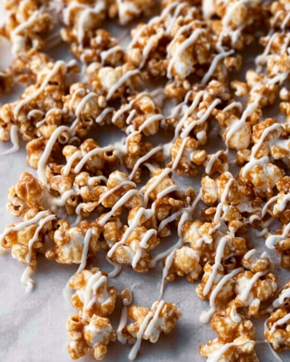 The image shows a close-up of a large layer of popcorn spread evenly. The popcorn is white and fluffy with a textured surface. It is covered with a drizzle of smooth white icing spread unevenly across the popcorn's top layer. Sprinkled throughout is a golden brown powder that adds a speckled pattern, giving the popcorn a slightly crunchy look. The background is a white marbled texture. photo taken with an iphone --ar 4:5 --v 7