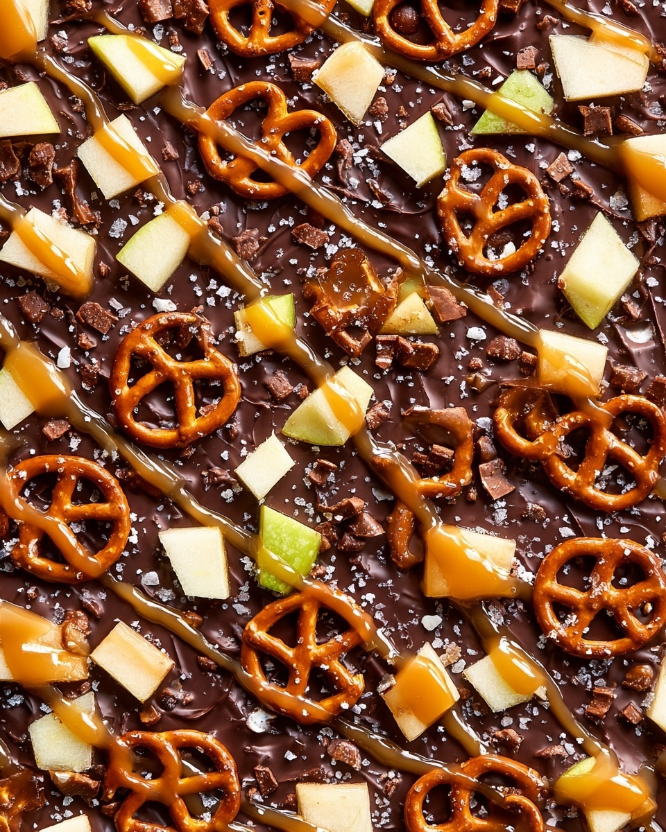 The image shows a flat layer of dark chocolate that is rough and thick as the base. On top, there are small, evenly spread pale yellow apple cubes that add a fresh texture. Scattered around are golden-brown pretzels with a crunchy look. The whole thing is drizzled with light brown caramel sauce in thin, uneven lines, and there is a sprinkling of white flaky salt adding contrast. This treat is set on a white marbled surface photo taken with an iphone --ar 4:5 --v 7