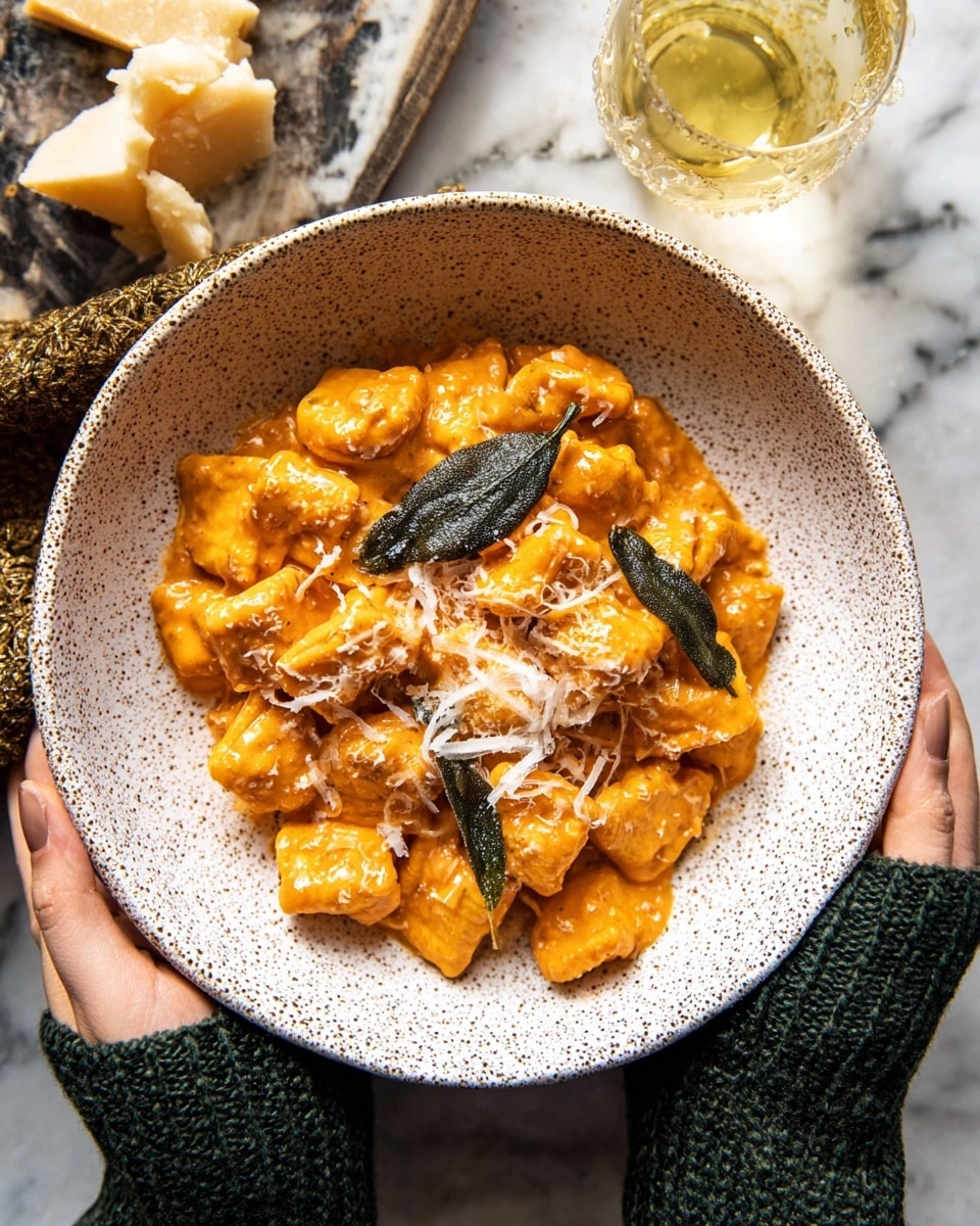 A black round pan filled with a creamy orange sauce that covers multiple small pasta pieces shaped like stuffed shells, each with a smooth, thick texture. On top, there are several dark green leaves scattered evenly for garnish. A wooden spoon coated in the same orange sauce rests on the right side of the pan, partially submerged under the pasta. The pan sits on a white marbled surface with a few light green leaves visible in the upper left corner. photo taken with an iphone --ar 4:5 --v 7