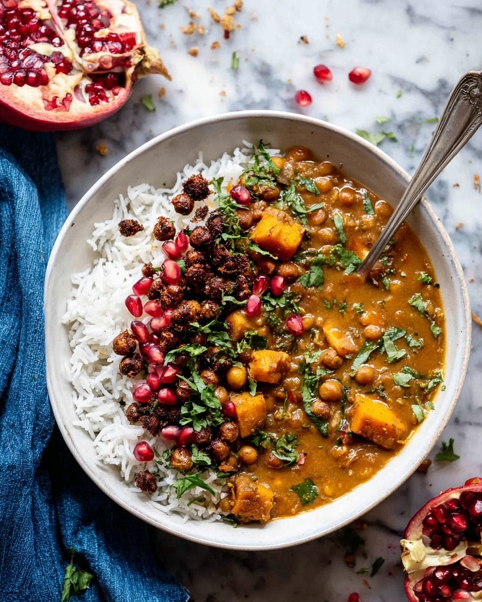 A white bowl holds a dish with two main layers: a thick orange-brown curry with visible small chunks and green lentils, and a portion of white rice on one side. The curry is topped with dark brown roasted chickpeas and sprinkled with fresh chopped green herbs, while red pomegranate seeds add bright spots on top. A silver spoon is placed inside the bowl, resting partly in the curry. Around the bowl, there is a halved pomegranate showing bright red seeds and scattered seeds and herbs on a white marbled surface. photo taken with an iphone --ar 4:5 --v 7
