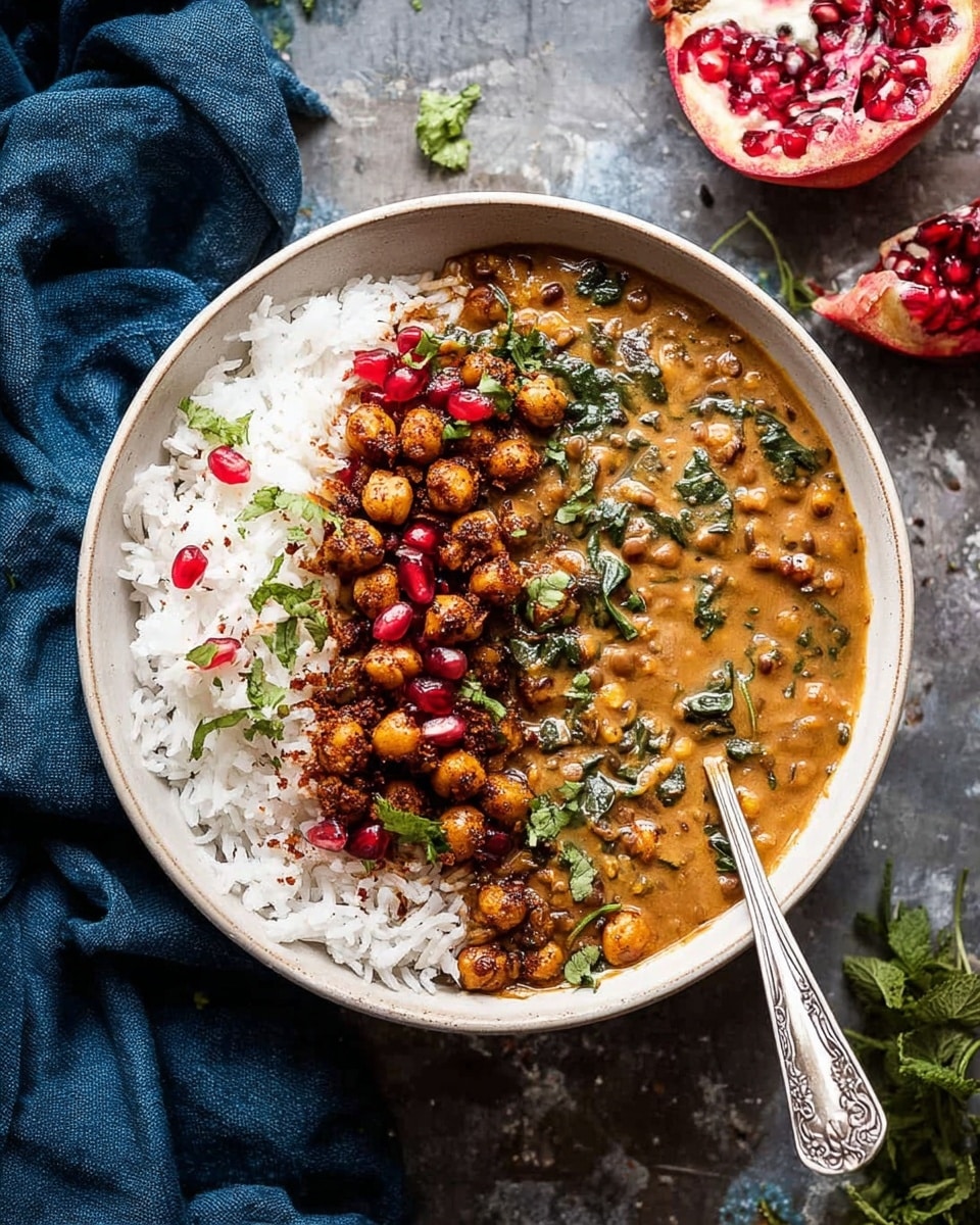 A white bowl filled with three main layers: the first layer is a thick, brown lentil stew with visible pieces of cooked greens mixed in; the second layer is a mound of white rice on one side of the bowl; the third layer on top of the rice and stew is small, round, golden-brown roasted chickpeas scattered unevenly along with some sprinkled fresh chopped green herbs and a few bright red pomegranate seeds adding a pop of color; a silver spoon is partly dipped into the stew on the right side; the bowl rests on a white marbled surface with a blue cloth folded on the left side and some halved pomegranate fruit and scattered herbs nearby; photo taken with an iphone --ar 4:5 --v 7