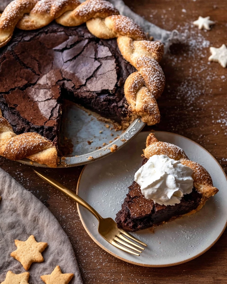 The image shows a pie with a thick, cracked chocolate layer on top, displaying rich dark brown colors. The pie crust is golden brown and slightly braided around the edges. A slice has been taken out and placed on a white plate, showing a dense, dark chocolate filling beneath the top layer. The slice is topped with a dollop of white cream. A gold fork rests on the plate beside the slice. The background surface is a white marbled texture, sprinkled lightly with powdered sugar, along with three small each star-shaped pie crust pieces dusted with sugar. photo taken with an iphone --ar 4:5 --v 7
