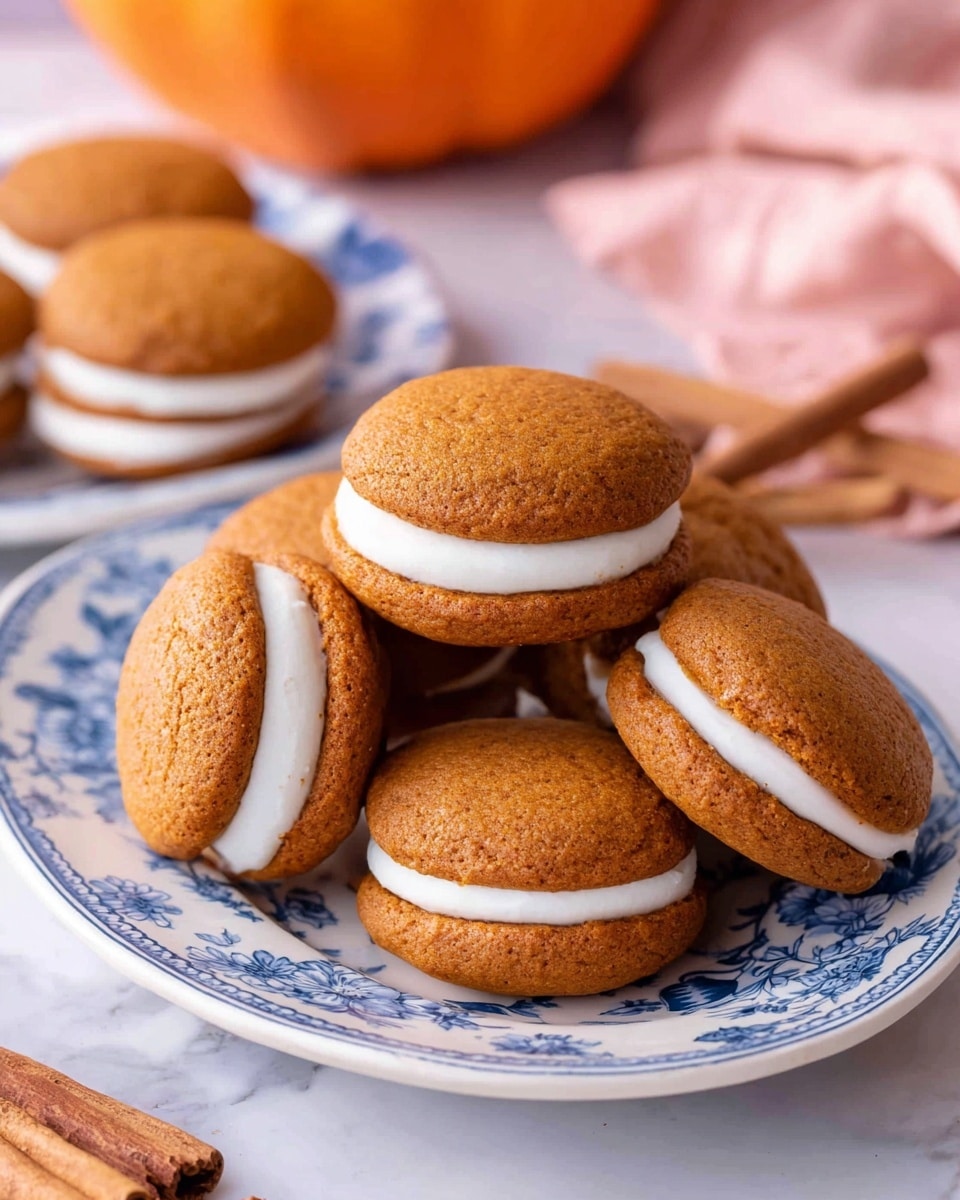 The image shows five pumpkin sandwich cookies stacked on a white plate with blue floral patterns. Each sandwich has two soft, light brown pumpkin-flavored cookies with a thick middle layer of smooth, white cream filling. The cookies have a slightly rough texture on the surface, and the cream is evenly spread and thick. Behind the plate, there is one more sandwich cookie on a similar white plate with blue patterns and two orange pumpkins blurred in the background, all placed on a white marbled surface. A light pink cloth and two cinnamon sticks are also visible near the plate. Photo taken with an iphone --ar 4:5 --v 7