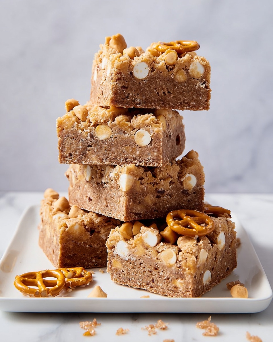 A stack of five thick golden brown bars filled with small white and brown bits, showing a soft and chewy texture inside, topped with smooth light brown peanut butter chips and crunchy pretzel pieces. The bars are unevenly stacked on a white square plate with some crumbs and broken pretzel pieces scattered around. The background is a white marbled texture with soft lighting that highlights the rich details of the bars. Photo taken with an iphone --ar 4:5 --v 7