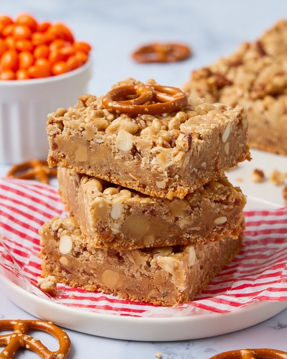The image shows three thick square bars stacked on a white plate with a red and white paper underneath them. Each bar has three visible layers: a light golden crumbly top layer sprinkled with whole salted pretzels, a middle soft caramel-colored filling with bits of pretzels inside, and a bottom golden crumbly crust similar to the top. The texture looks crumbly on the outside with crunchy pretzel pieces scattered through the bars. In the background, there is a white glass of milk and some butterscotch chips in a white bowl on a white marbled surface. Photo taken with an iphone --ar 4:5 --v 7