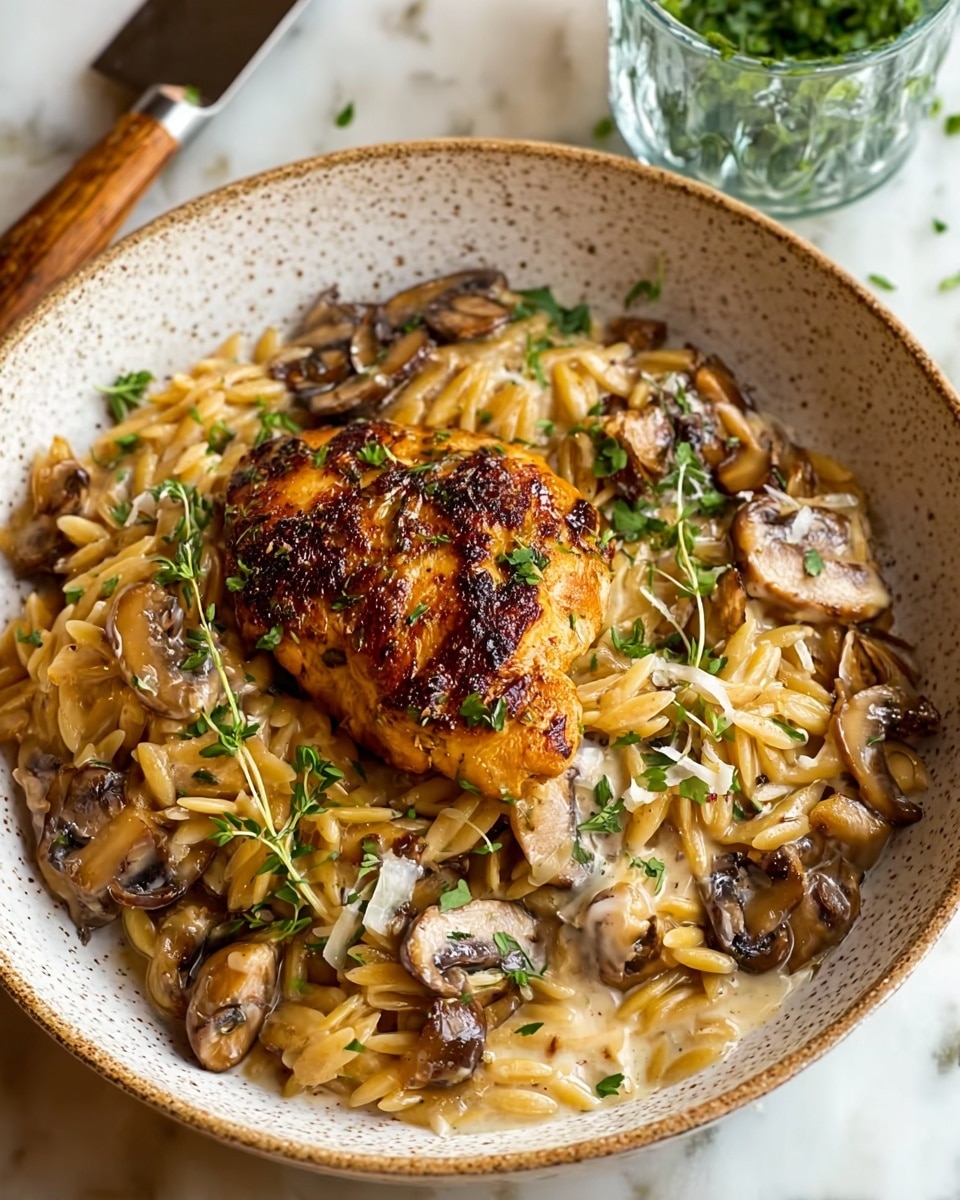The dish shows a speckled white bowl filled with a creamy mix of three layers: at the bottom, soft orzo pasta coated in a light cream sauce; scattered above are browned slices of mushrooms and translucent sautéed onions with a slightly shiny texture; on top rests a single grilled piece of chicken with a golden-brown, slightly charred, and crispy skin, garnished with small green herb leaves. The bowl sits on a white marbled surface, with a glass of water and a metal spoon nearby. photo taken with an iphone --ar 4:5 --v 7