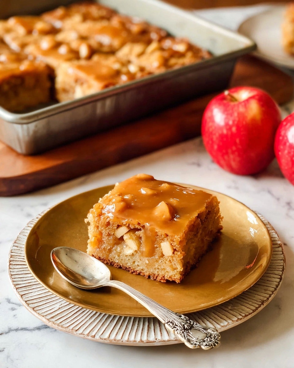 The image shows a single piece of soft, golden-brown cake with small chunks of apple inside, sitting on a warm beige plate, which is placed on top of a textured white plate. Next to the cake on the plate is a shiny silver spoon with ornate details on the handle. In the background, there is a metal baking tray filled with more cut cake pieces, all with a sticky, glossy caramel-like topping. On the right side of the image, two shiny red apples rest on a wooden tray. The whole scene is set on a white marbled surface. photo taken with an iphone --ar 4:5 --v 7
