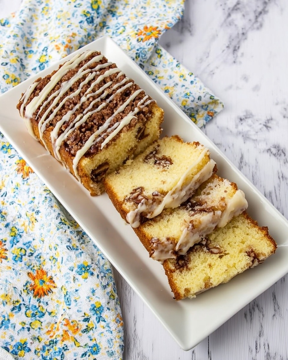 A white rectangular plate holds a loaf cake with two slices cut from it, showing two inner layers of yellow cake with a thick middle layer of brown crumbly cinnamon and nut filling mixed with small walnut pieces. The top of the loaf is darker brown and textured, drizzled with thin lines of light beige glaze going diagonally from the top left to bottom right. The plate is placed on a white marbled surface with a colorful cloth featuring floral prints in green, blue, orange, and yellow on the top right corner. photo taken with an iphone --ar 4:5 --v 7