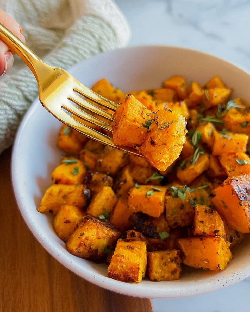 A close-up of a small white bowl filled with orange roasted cubes that look crispy with browned edges, sprinkled with small pieces of fresh green herbs. A golden fork is lifting a few cubes above the bowl showing their texture and caramelized spots. The bowl sits on a wooden surface, and the image is brightly lit showing the warm tones of the food. photo taken with an iphone --ar 4:5 --v 7