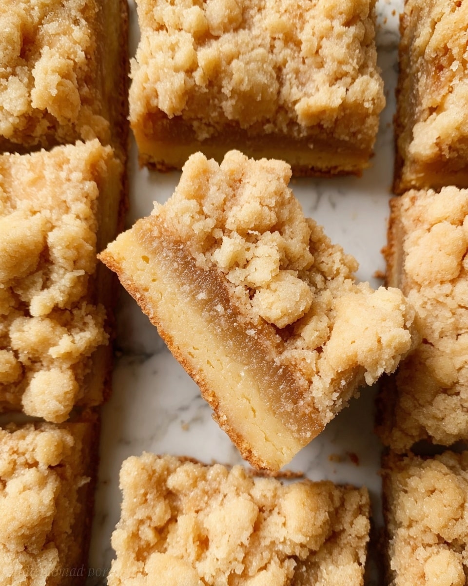 The image shows a close-up of several square crumb bars arranged closely together on a white marbled surface. Each bar has three visible layers: a light golden crumbly top layer with uneven, chunky texture; a thin, slightly darker middle layer that looks like a soft filling; and a pale, dense bottom crust. One bar is lifted up slightly, showing the thickness and soft texture of the middle and bottom layers compared to the crumbly top. The colors are warm shades of beige and light brown, emphasizing the crumbly texture. Photo taken with an iphone --ar 4:5 --v 7