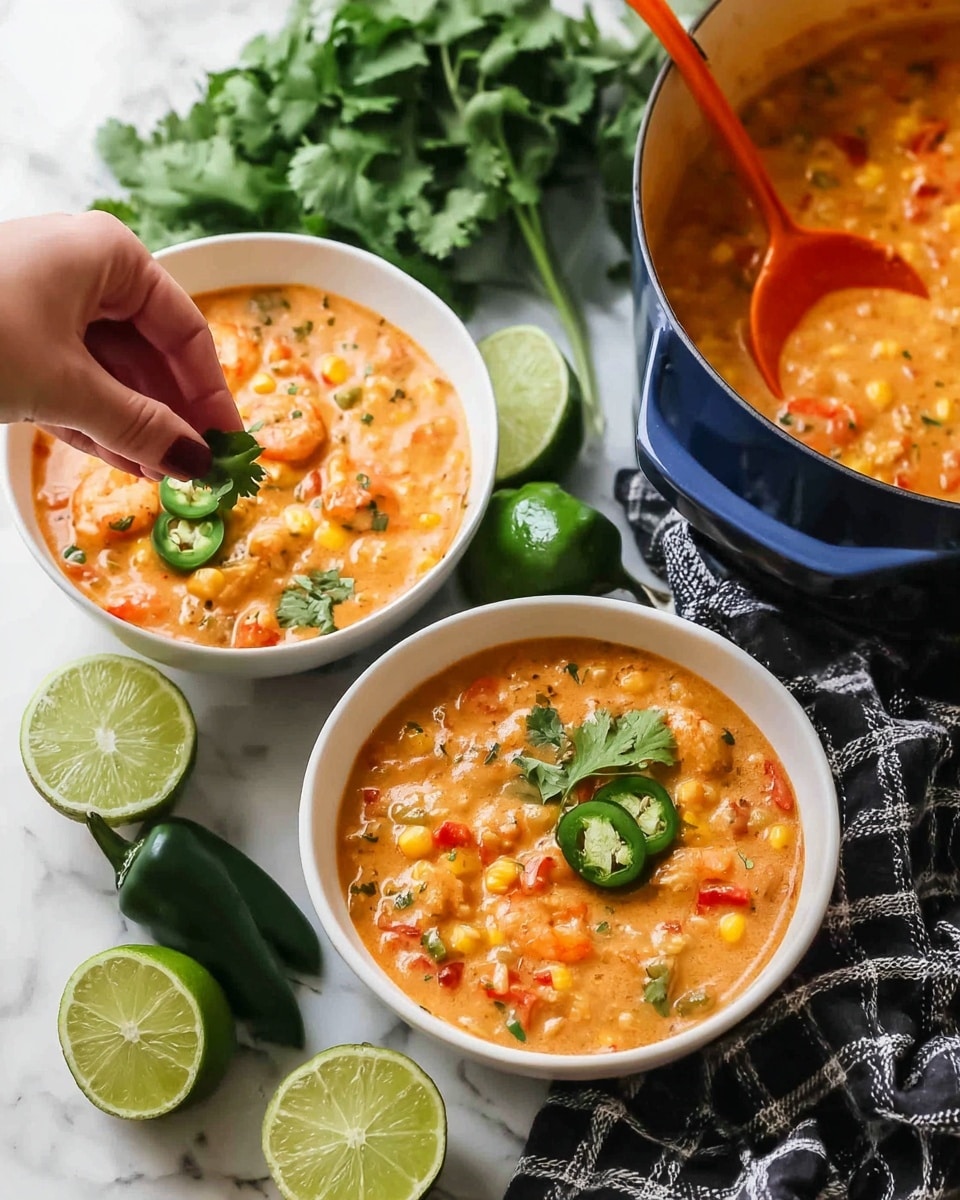 The image shows two white bowls filled with a thick, creamy orange stew that has visible chunks of vegetables like corn and red peppers mixed throughout. One bowl is being garnished with green cilantro leaves by a woman's hand, while the other bowl has sliced green jalapeños on top. The bowls sit on a white marbled surface, surrounded by a halved lime and scattered cilantro leaves. In the background, part of a large blue pot filled with the same stew is visible, resting on a black-and-white checkered cloth. Photo taken with an iphone --ar 4:5 --v 7