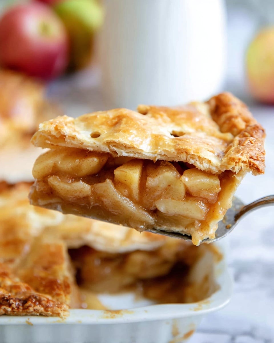 The image shows a slice of apple pie being lifted from a white pie dish sitting on a white marbled surface. The pie has two layers of golden brown crust, the top layer puffed and crispy with some small darker brown spots. Between the crust layers is a thick filling made from cooked apple pieces, light beige in color with a soft texture. The slice reveals the filling's moist, glossy look. The background has soft, out-of-focus apples, adding a fresh touch. photo taken with an iphone --ar 4:5 --v 7